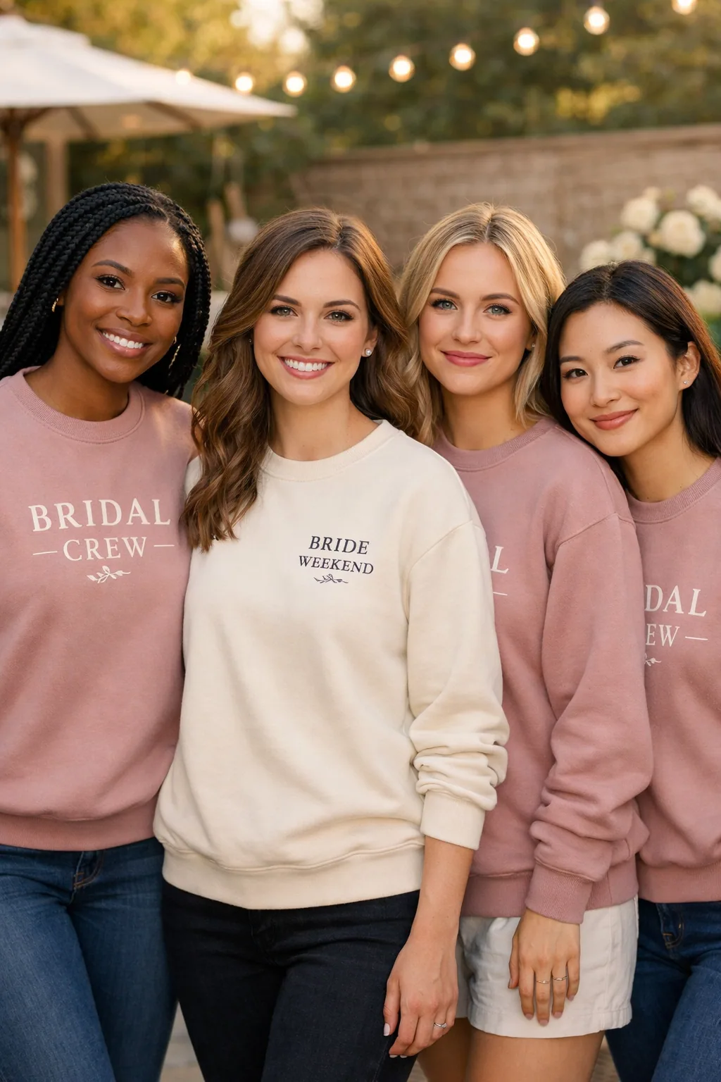Bride and three friends with eyes open wearing coordinated cream and dusty-rose wedding sweatshirts