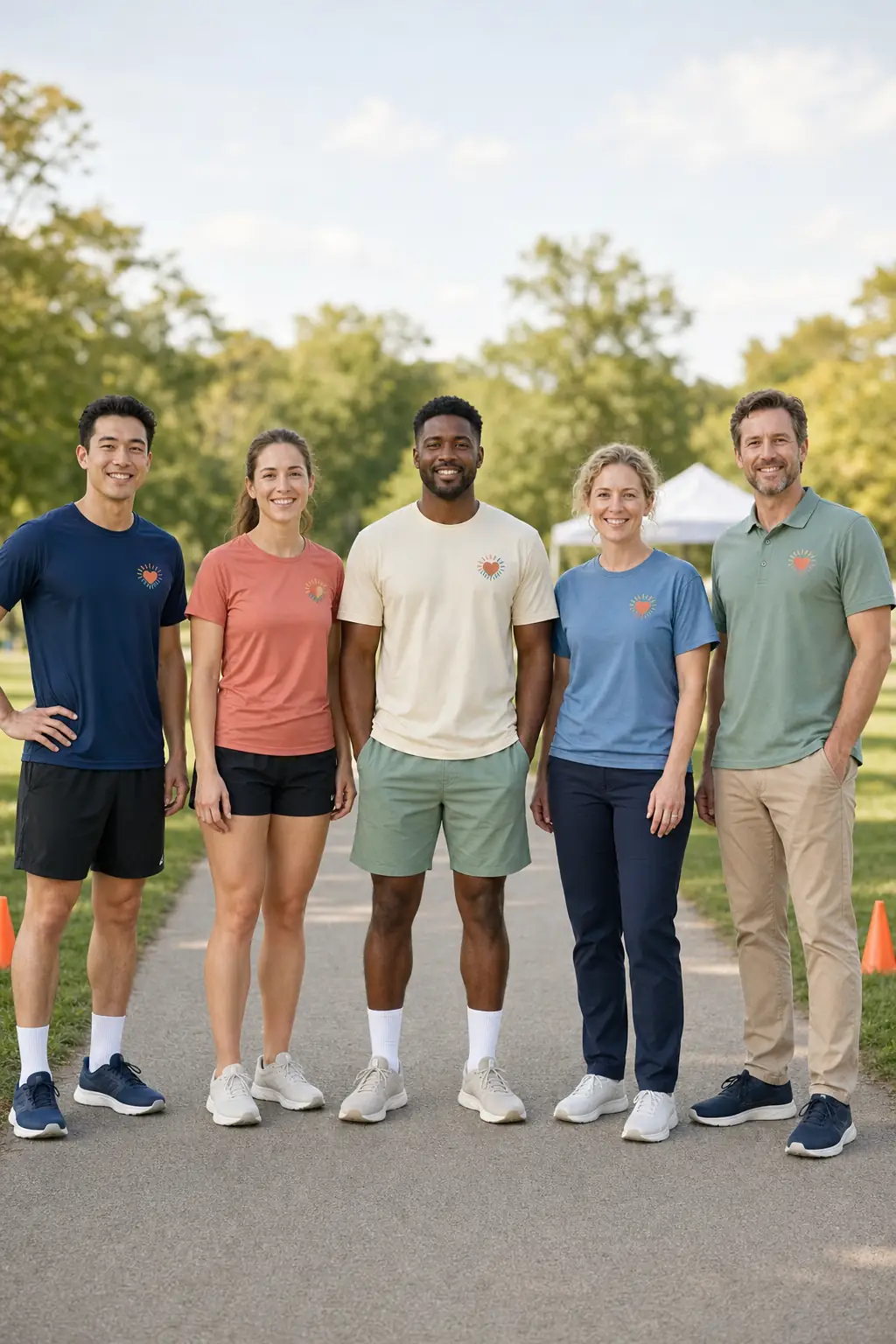 Five adults with eyes open and full bodies visible in charity 5K performance shirts, cotton T-shirts, a polo, shorts, pants, socks, and shoes