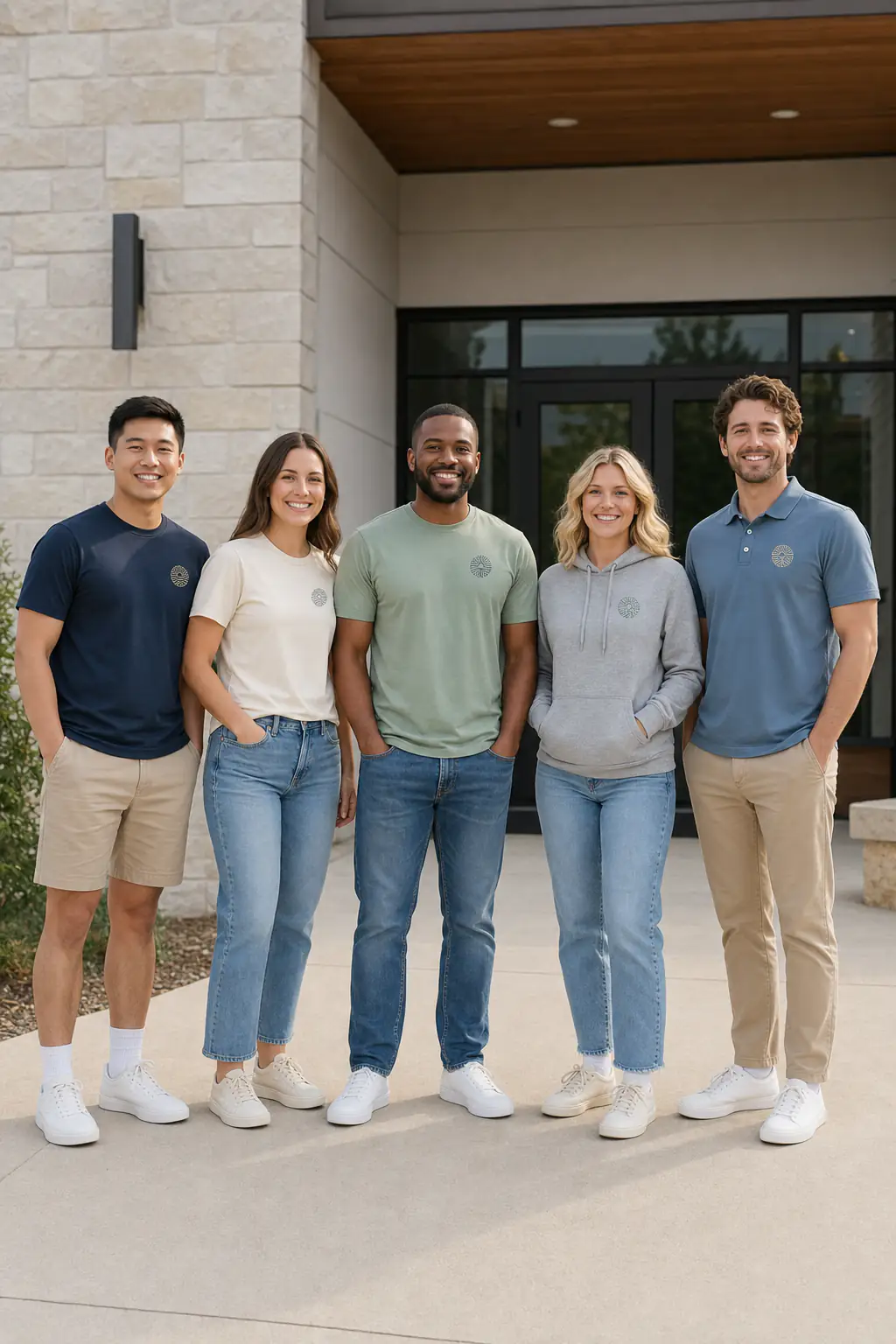 Five adults with eyes open and full bodies visible in coordinated church ministry T-shirts, performance apparel, hoodie, and polo