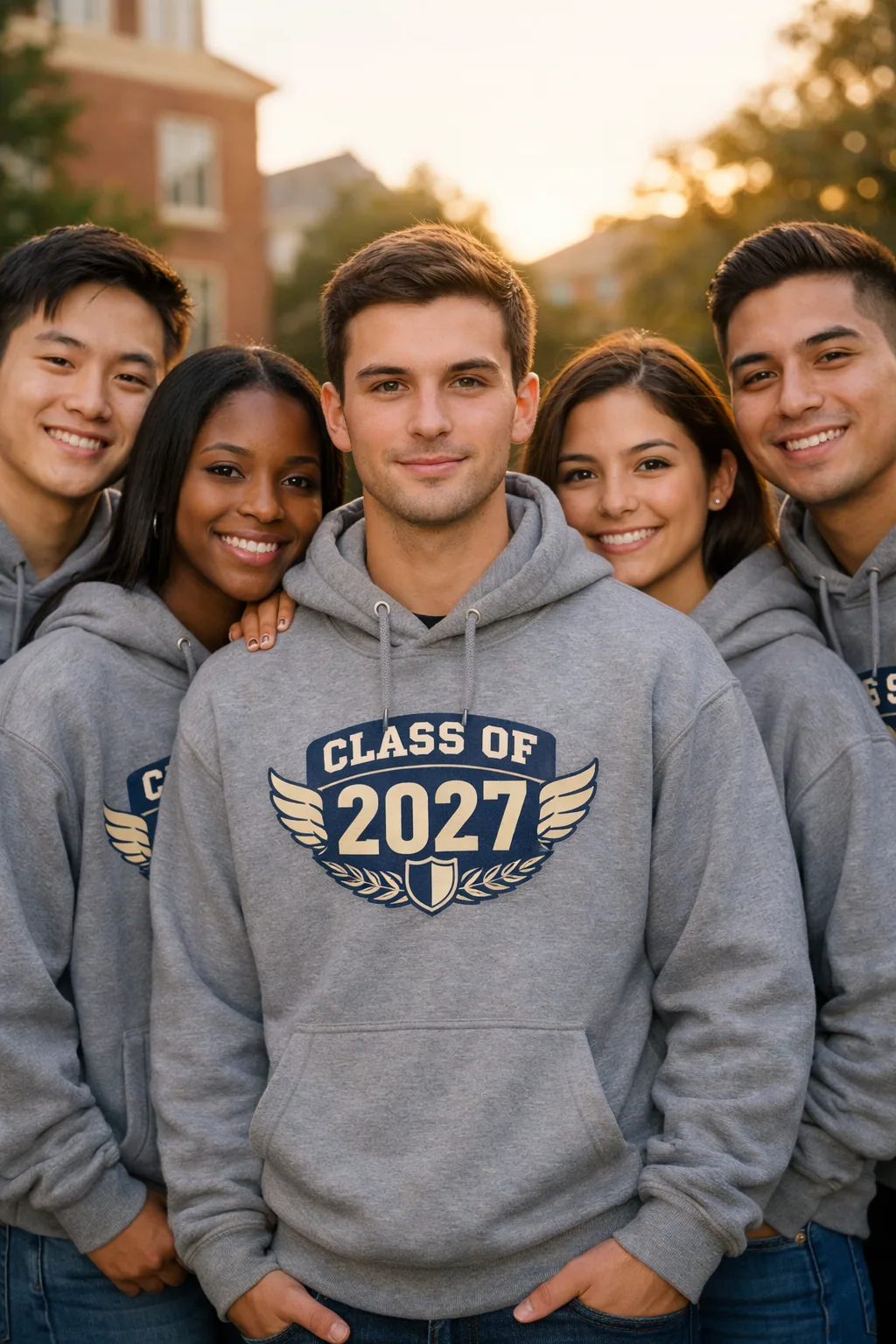 Five students with eyes open wearing matching gray Class of 2027 custom hoodies