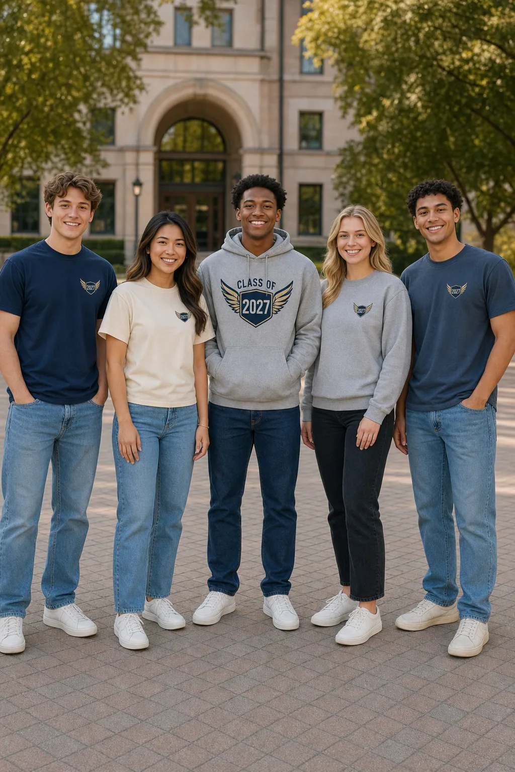 Five adult senior-class students with eyes open and full bodies visible in coordinated Class of 2027 tees, hoodies, and crewnecks