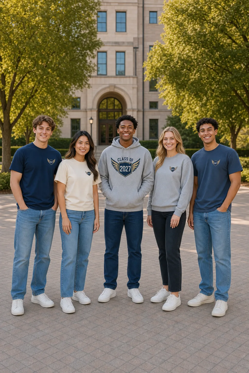 Five adult senior-class students with eyes open and full bodies visible in coordinated Class of 2027 tees, hoodies, and crewnecks