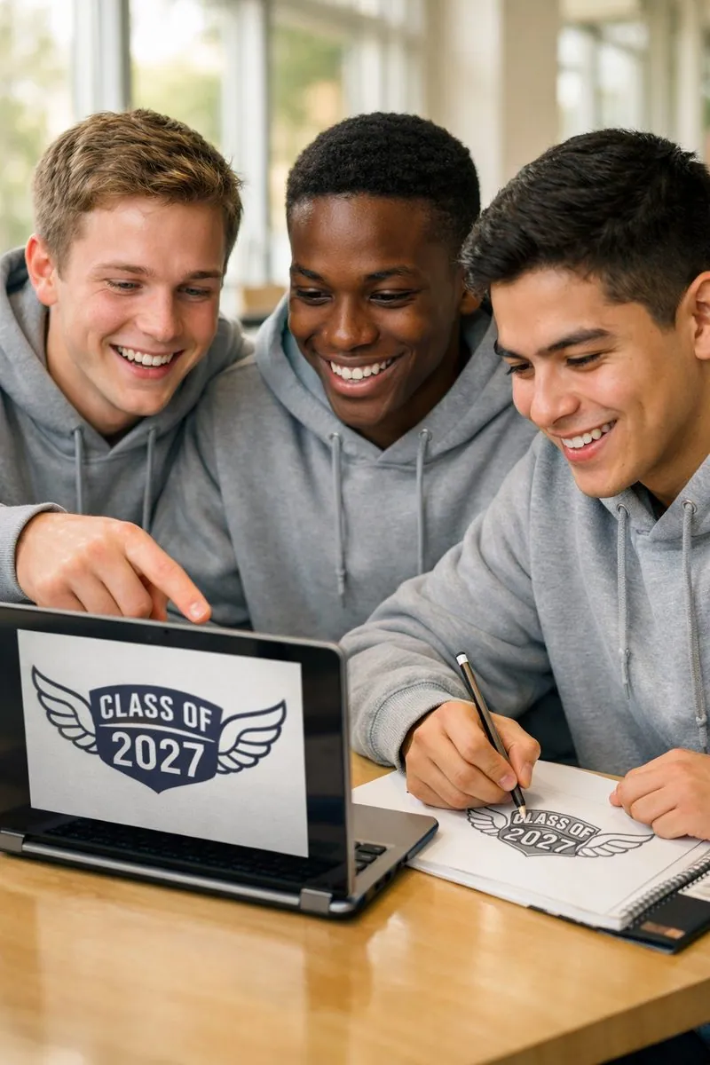 Students reviewing a winged Class of 2027 hoodie emblem and color direction