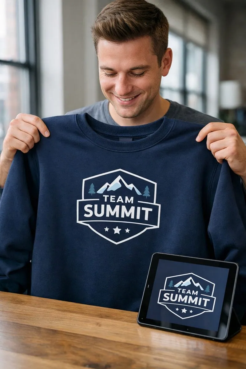 Designer holding a navy Team Summit custom crewneck beside the approved badge mockup