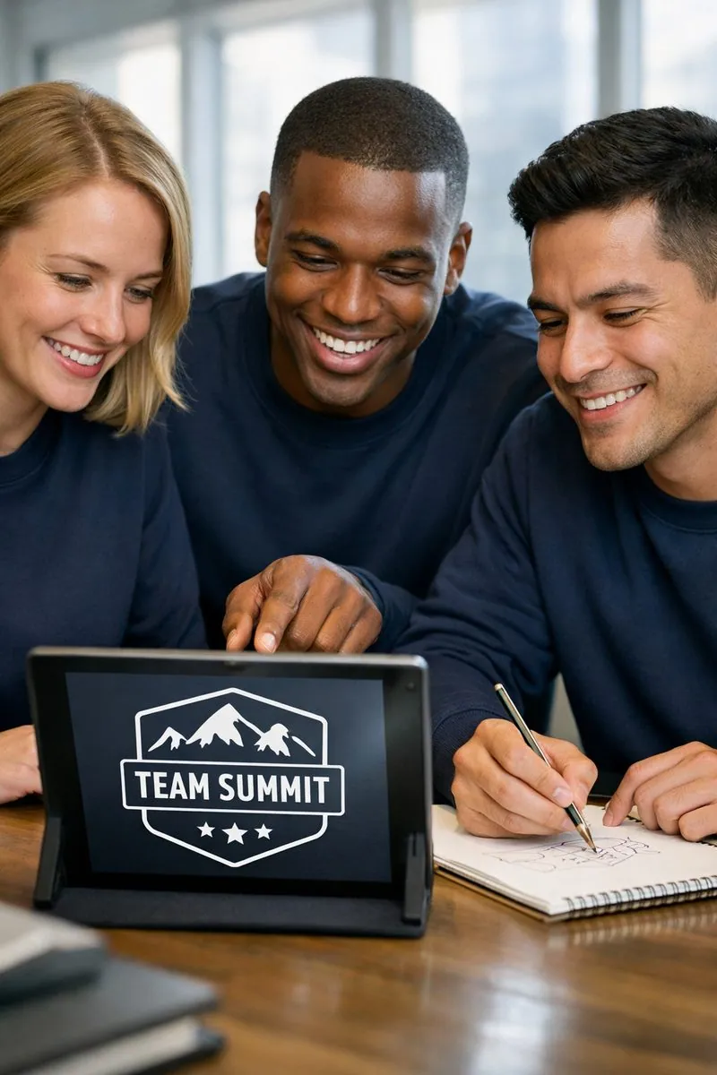 Coworkers developing a structured mountain badge for Team Summit apparel