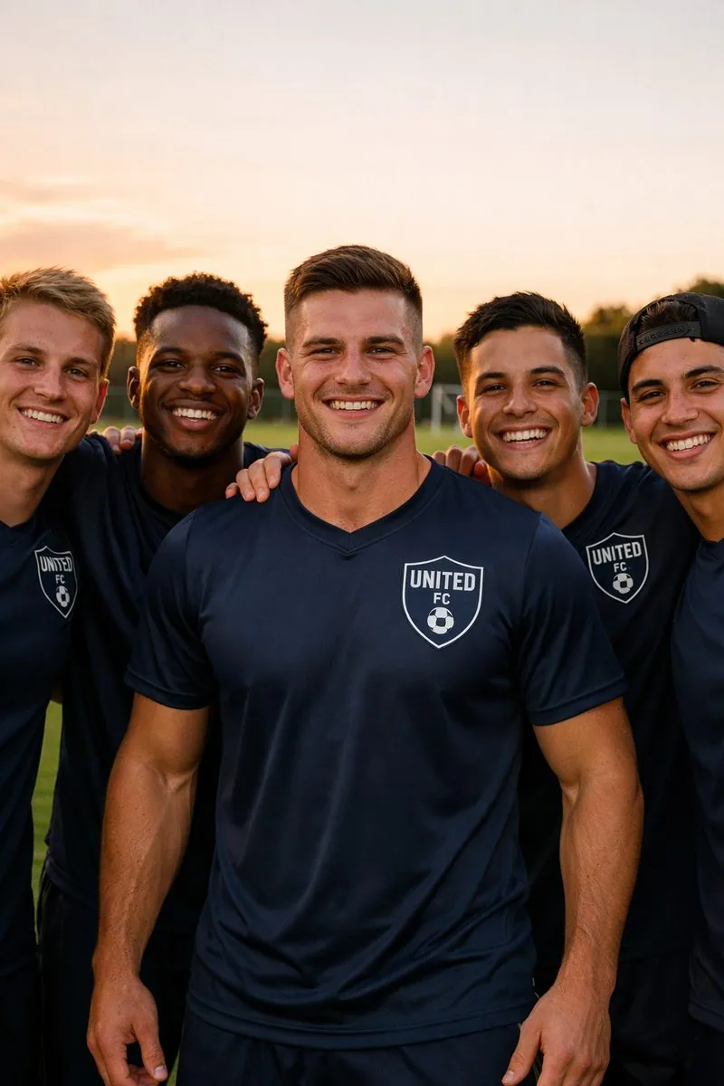 Five soccer players with eyes open wearing matching navy United FC custom team shirts