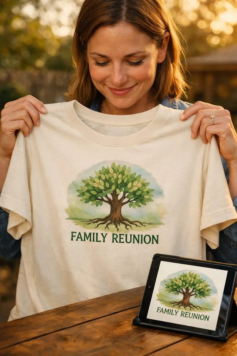 Organizer holding a cream Family Reunion shirt with a watercolor family-tree emblem