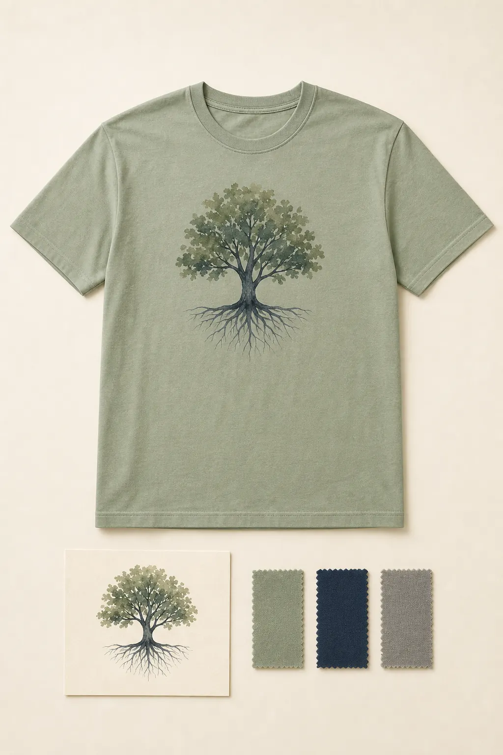 Complete sage T-shirt with a watercolor family-tree emblem, matching sketch card, and three restrained color swatches