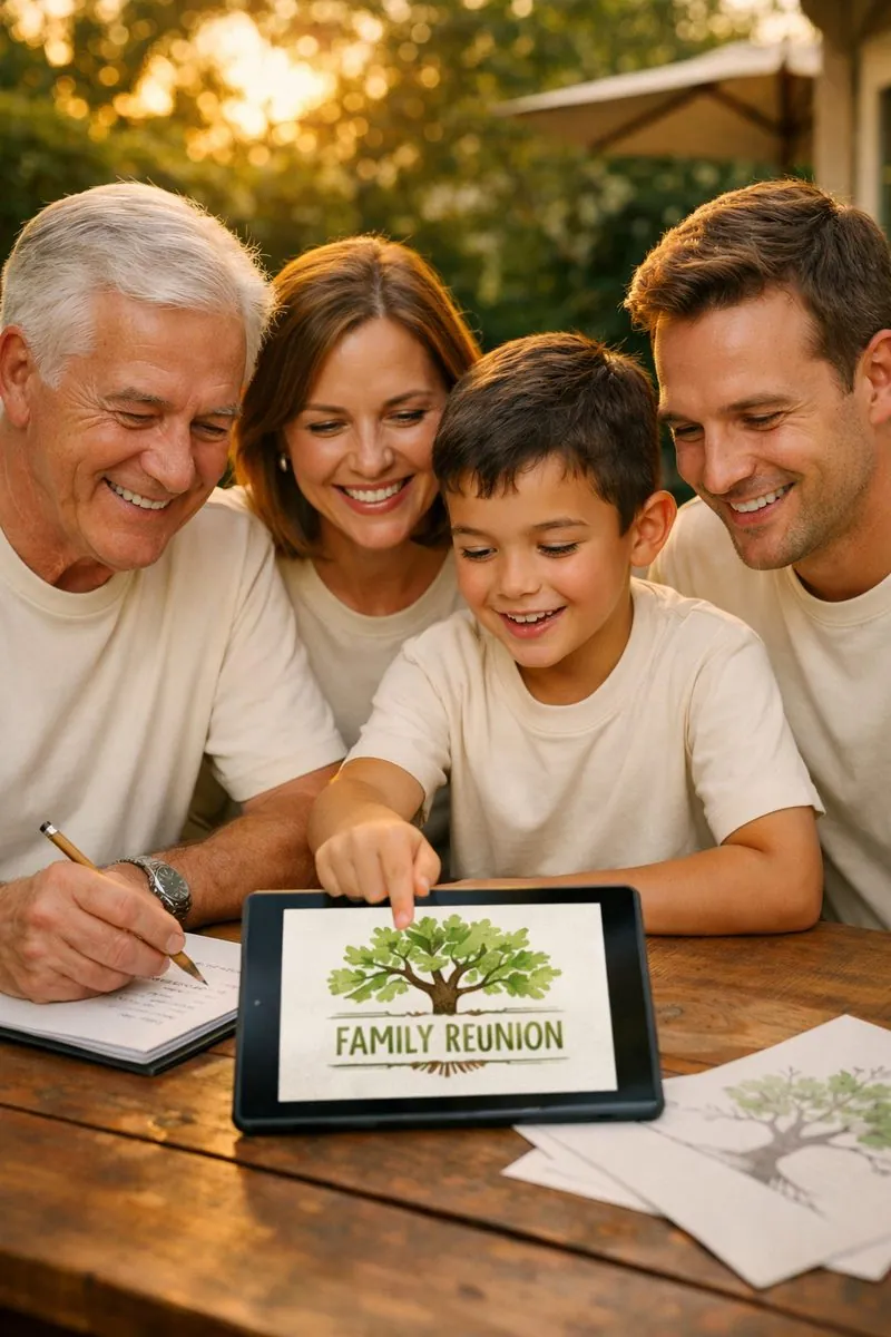 Three generations choosing a watercolor family-tree emblem for reunion shirts