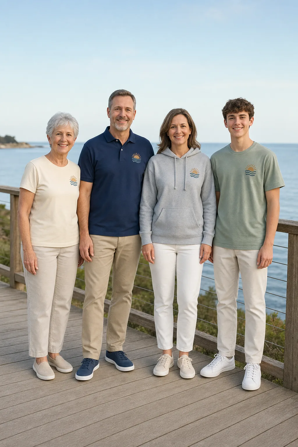 Four multigenerational family travelers with eyes open and full bodies visible from head to shoes in a complete cream T-shirt, navy polo, gray hoodie, and sage T-shirt