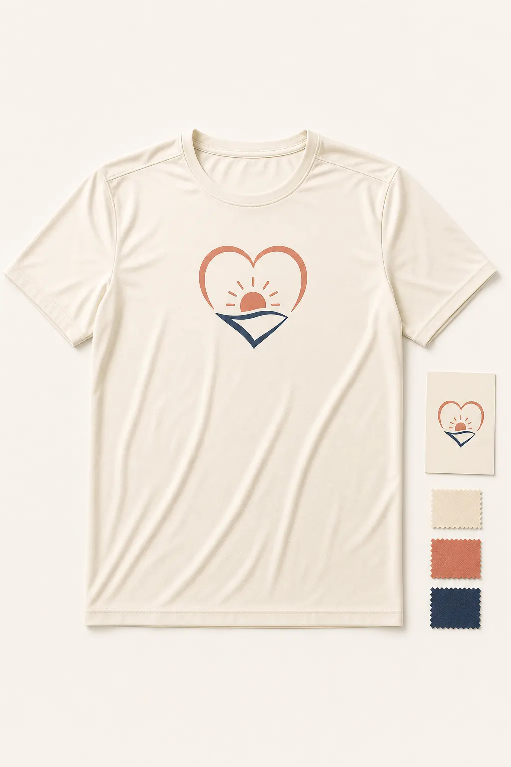 Complete cream performance T-shirt with a heart-and-sun cause mark, matching sketch card, and three restrained color swatches