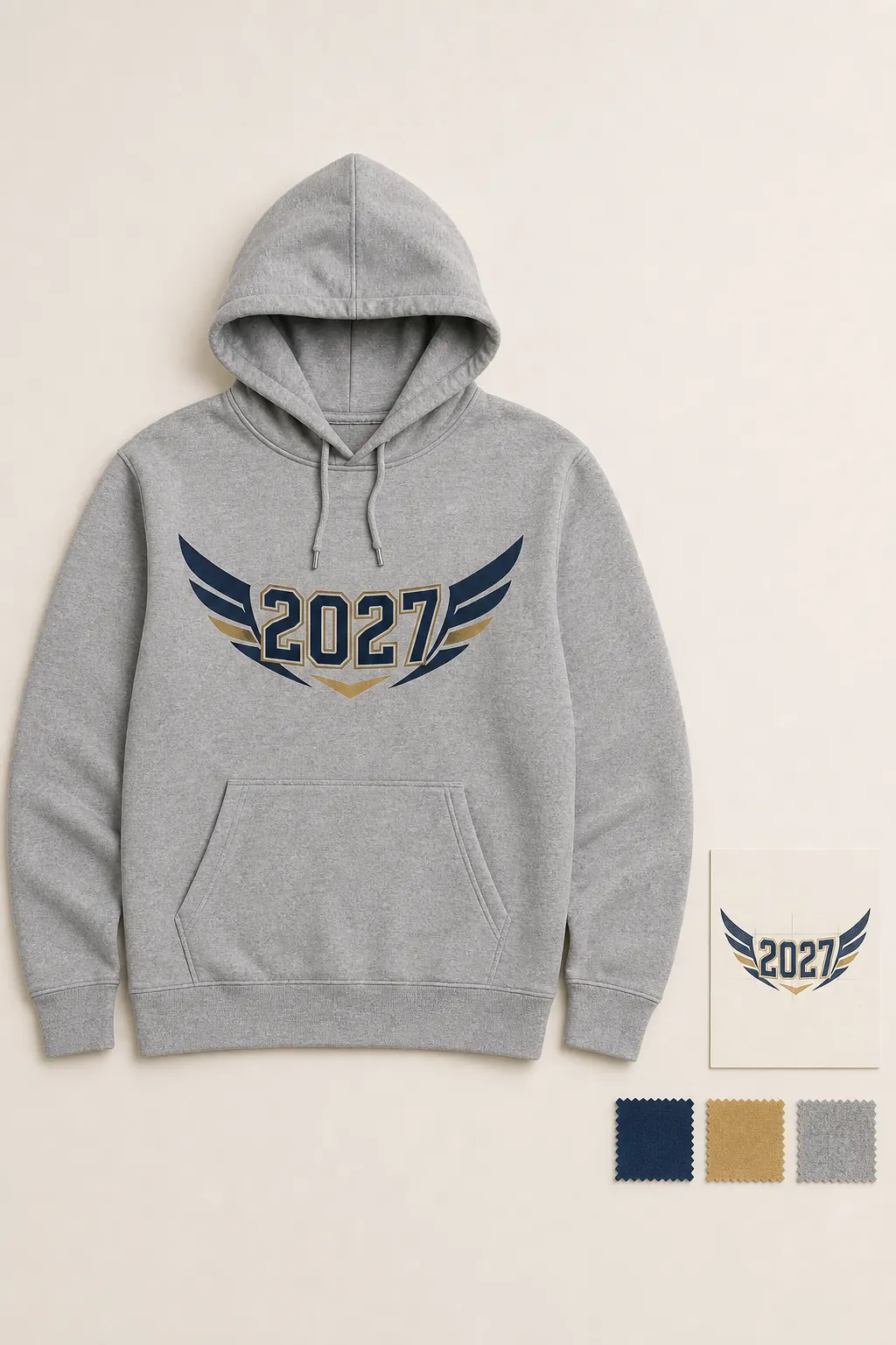 Complete gray hoodie with a winged 2027 emblem, matching sketch card, and three restrained color swatches