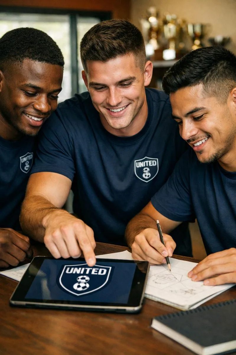 Soccer players refining a compact United FC crest for custom team shirts