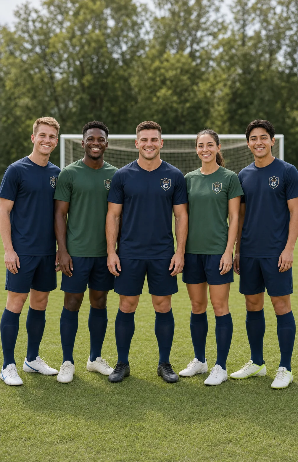 Five recreational soccer players with eyes open and full bodies visible in coordinated performance shirts and team shorts