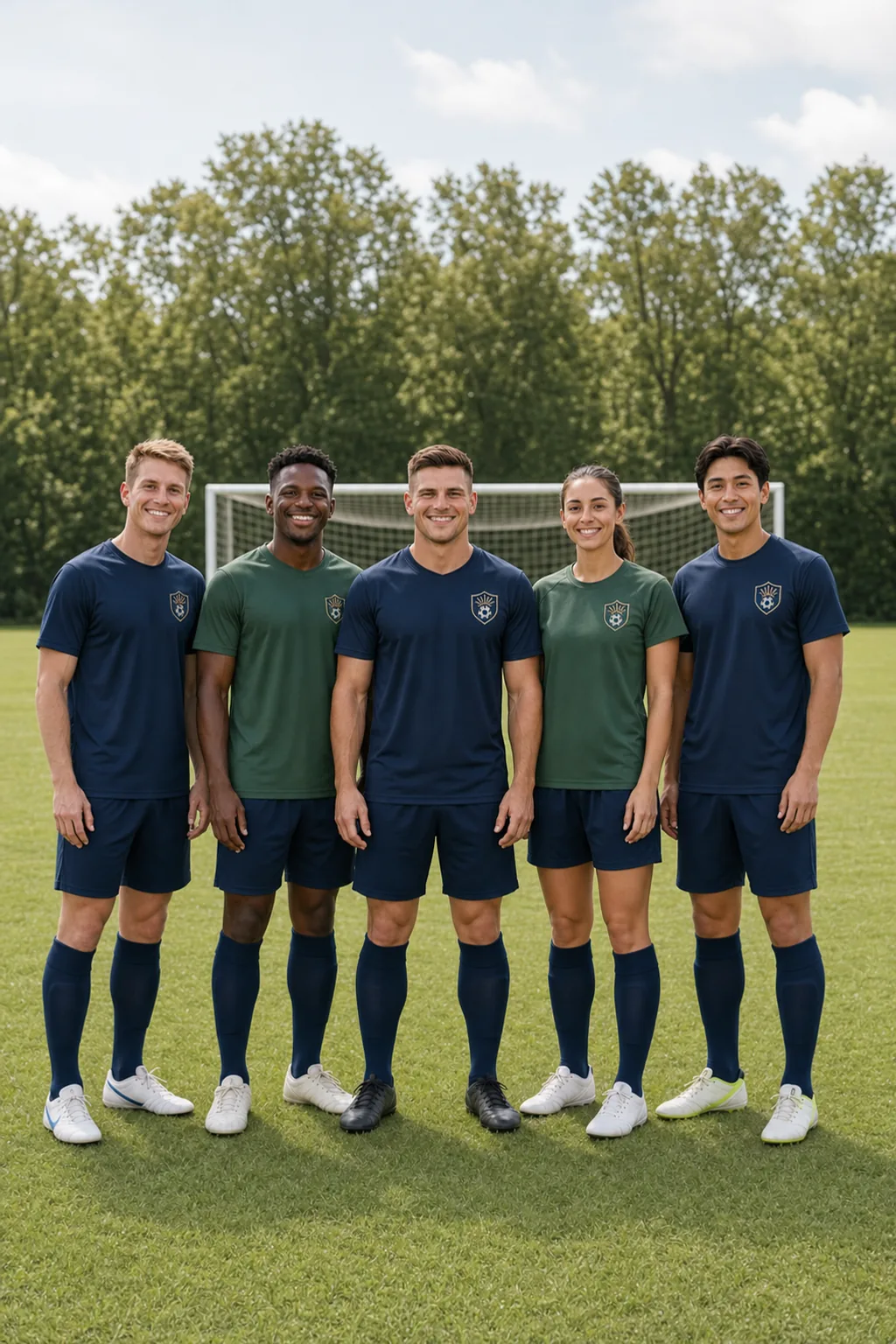 Five recreational soccer players with eyes open and full bodies visible in coordinated performance shirts and team shorts
