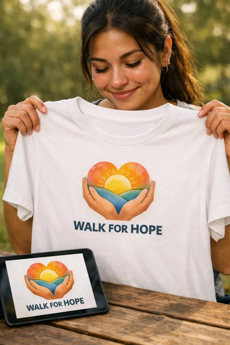 Organizer holding a white Walk for Hope fundraiser shirt beside the approved heart-and-sun design