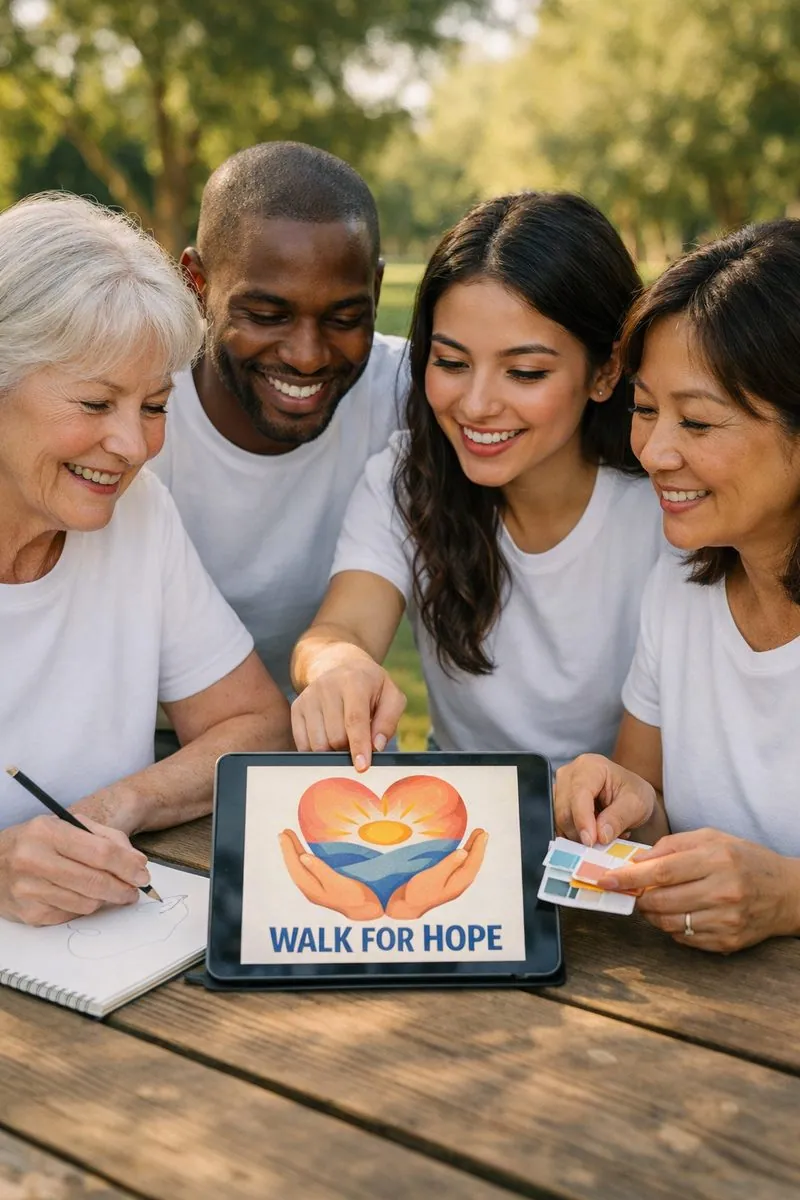 Volunteers developing a warm heart-and-sun design for Walk for Hope shirts