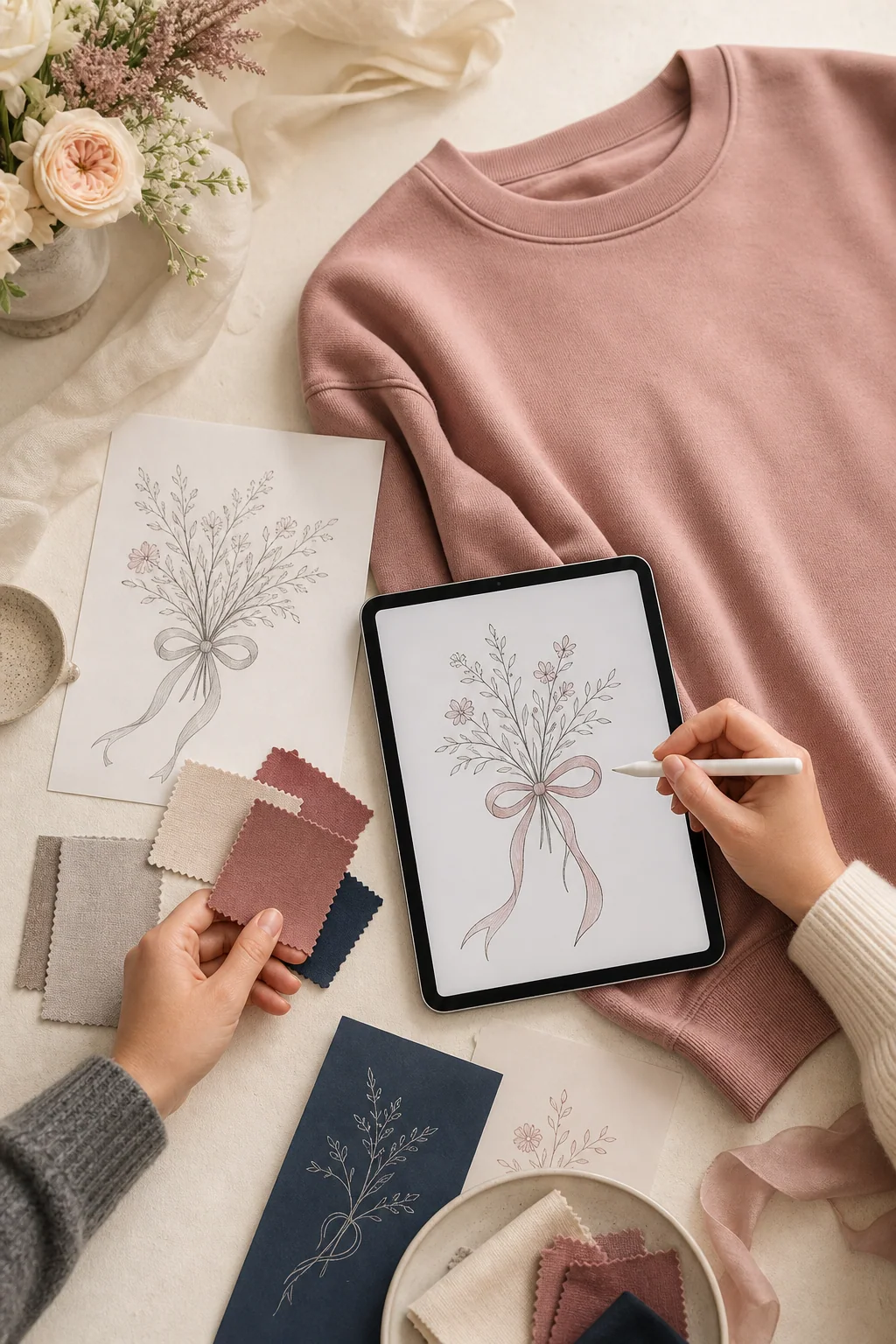 Friends refining a soft floral-ribbon design and dusty-rose palette for wedding-weekend apparel