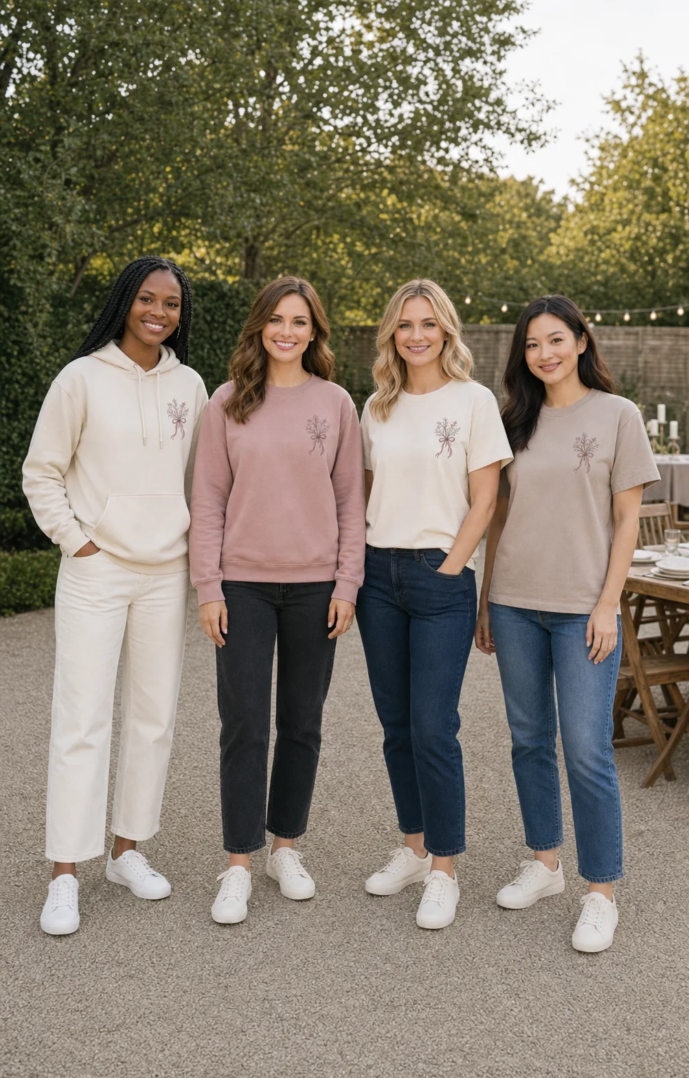 Four women friends with eyes open and full bodies visible in coordinated wedding-weekend hoodie, sweatshirt, and T-shirts