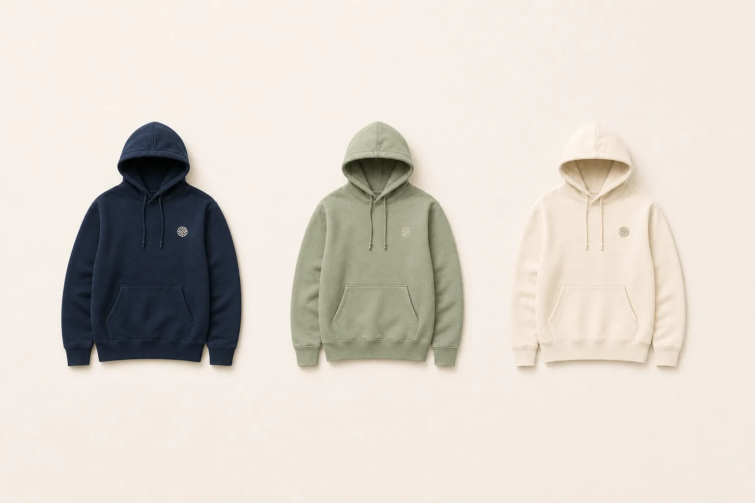 Three complete pullover hoodies in navy, sage, and cream with hoods, drawcords, sleeves, cuffs, pockets, side seams, and hems fully visible