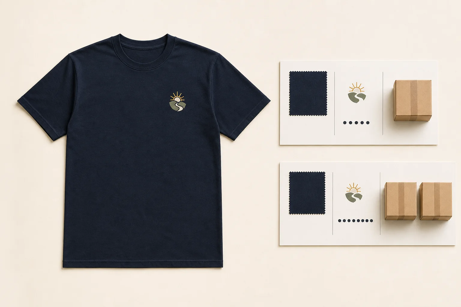 One complete navy T-shirt beside two like-for-like order-plan cards with one carton for the smaller quantity and two cartons for the higher quantity