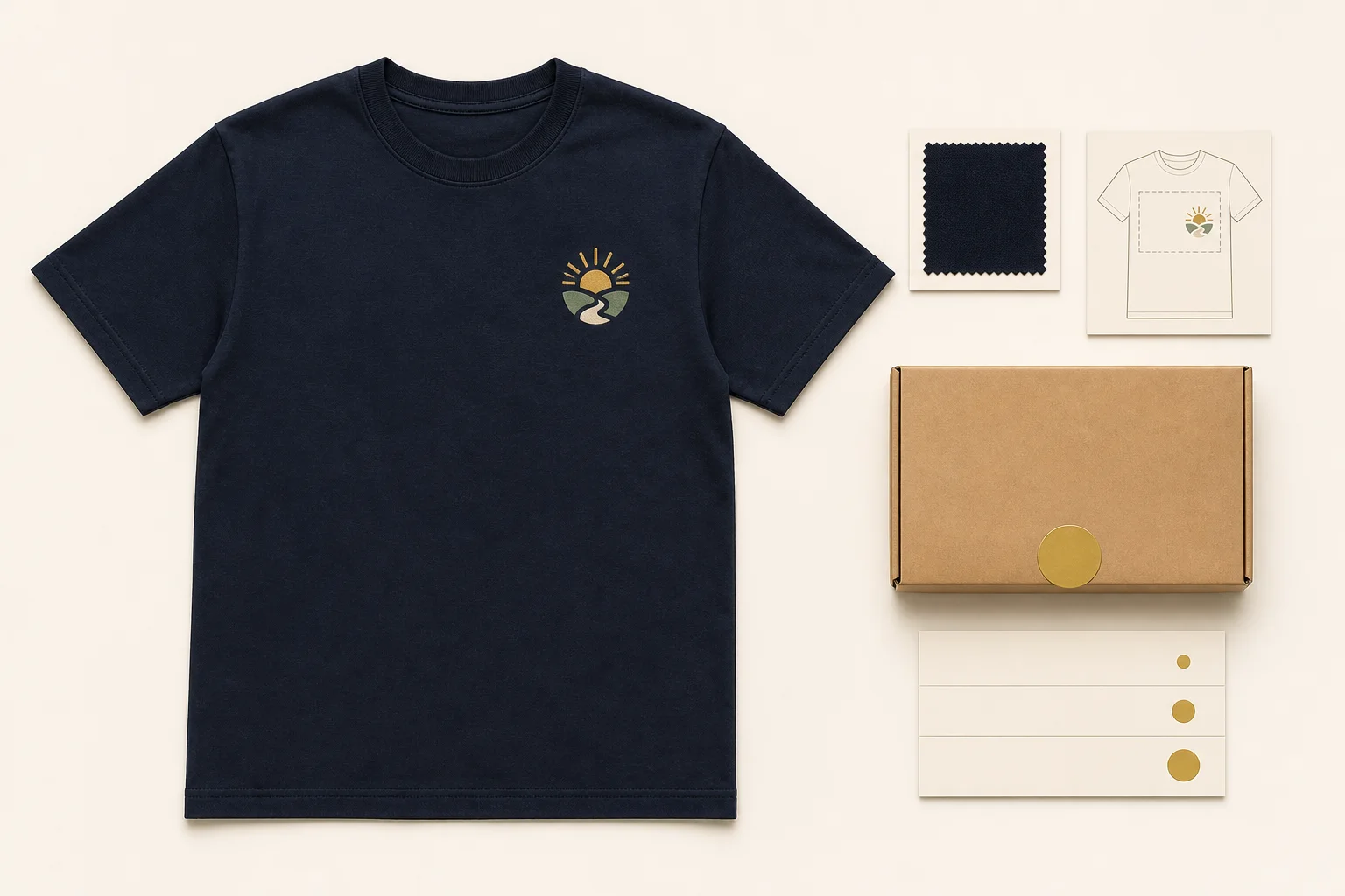 One complete navy T-shirt beside a fabric swatch, artwork-placement proof, sealed delivery box, and concise cost card
