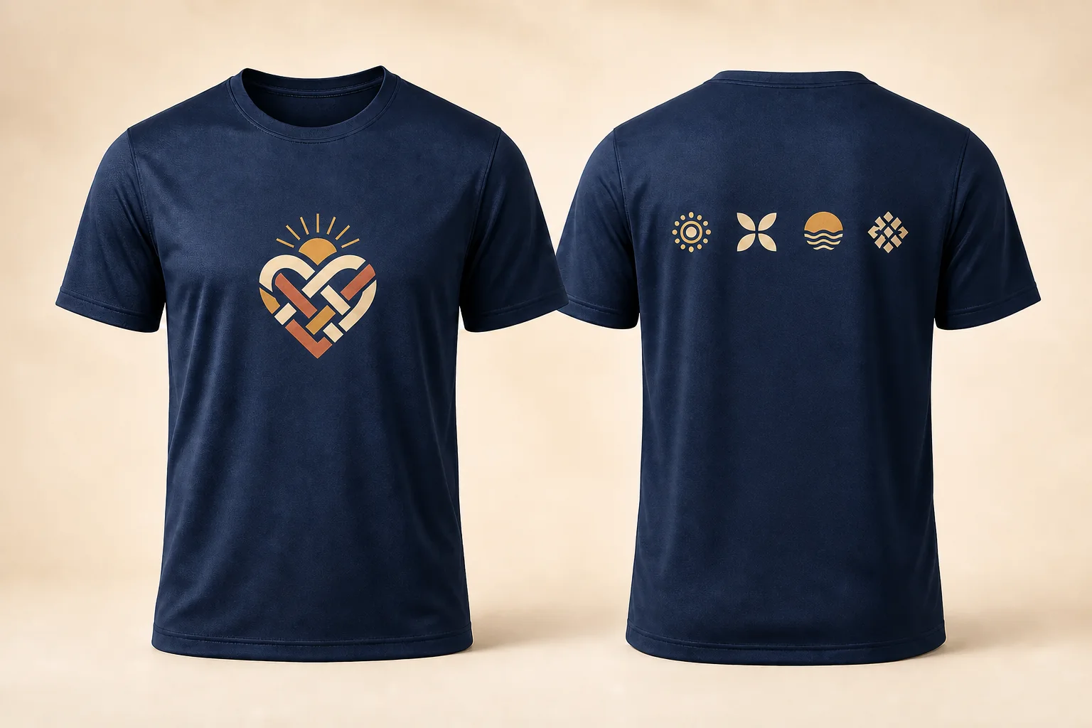 Complete front and back navy T-shirts with collars, both sleeves, side seams, bodies, and bottom hems visible around restrained chest and back artwork