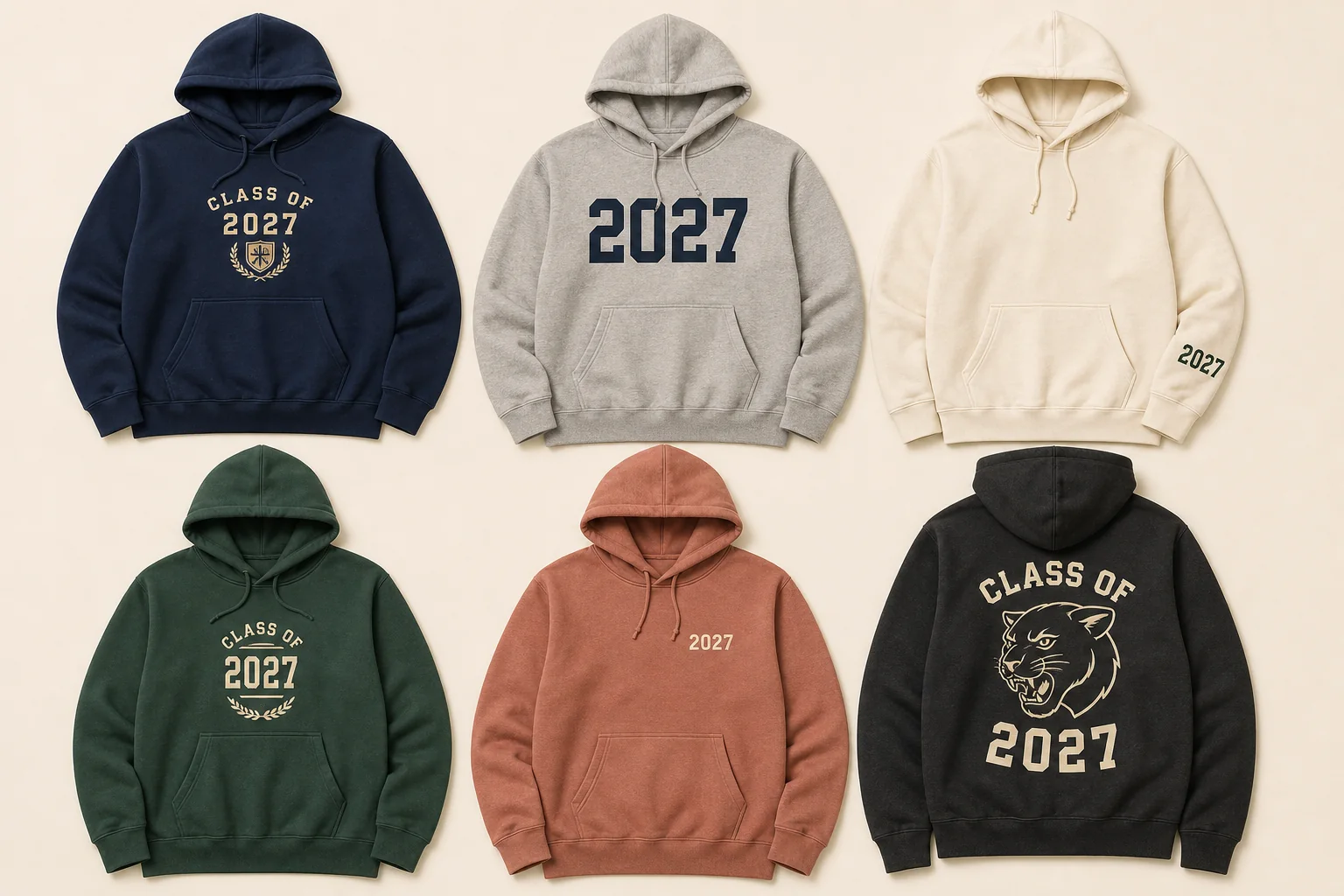 Six Class of 2027 hoodie design directions in navy, gray, cream, green, clay, and charcoal