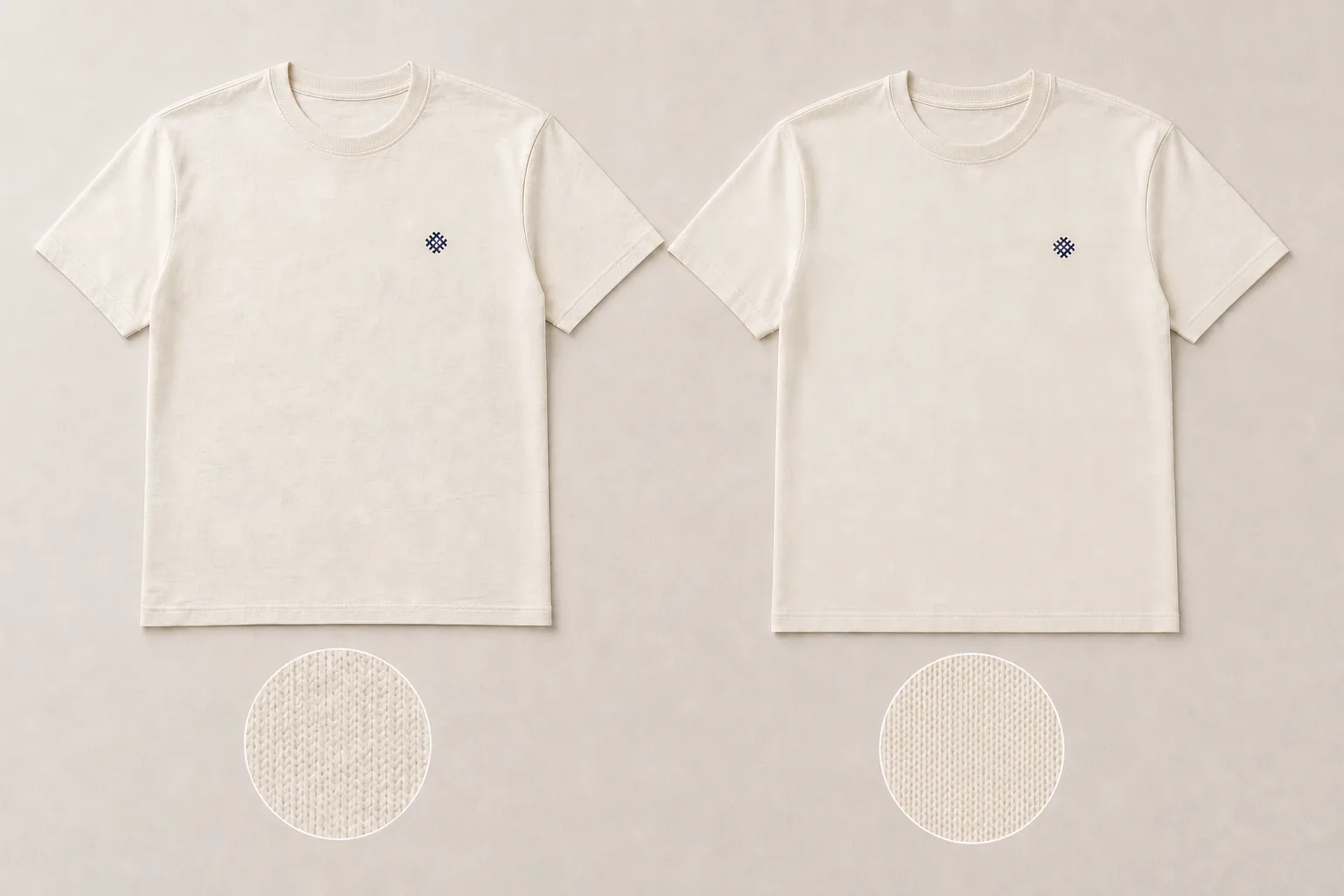 Two complete cream cotton T-shirts with identical collars, sleeves, side seams, bodies, hems, weight, and navy chest marks above two restrained same-scale fabric surface insets