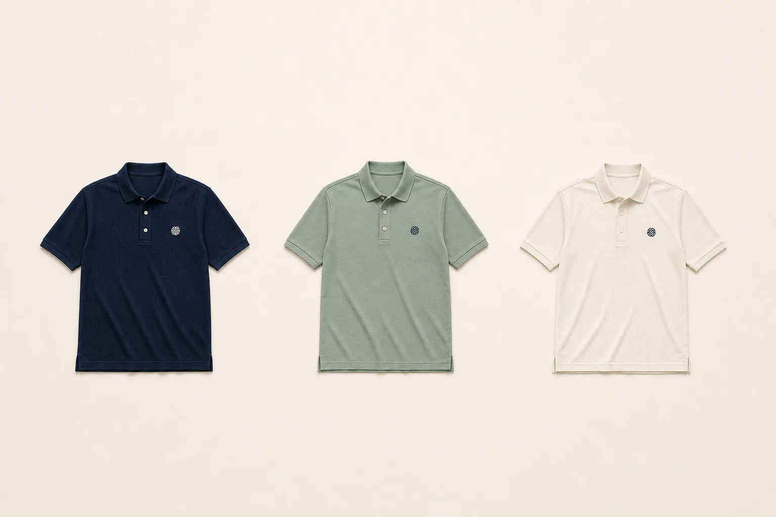 Three complete polo shirts in navy cotton pique, sage cotton-poly blend, and cream performance fabric with collars, sleeves, side seams, and hems fully visible