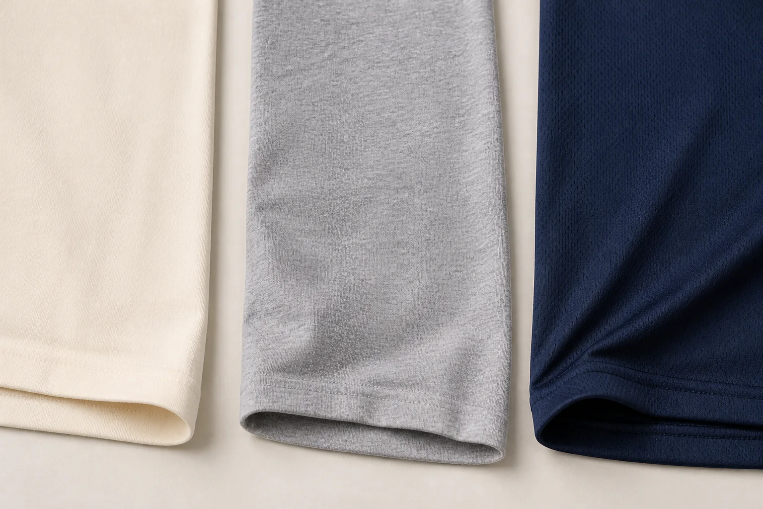 Cream cotton, heather-gray blend, and navy technical polyester fabrics shown side by side