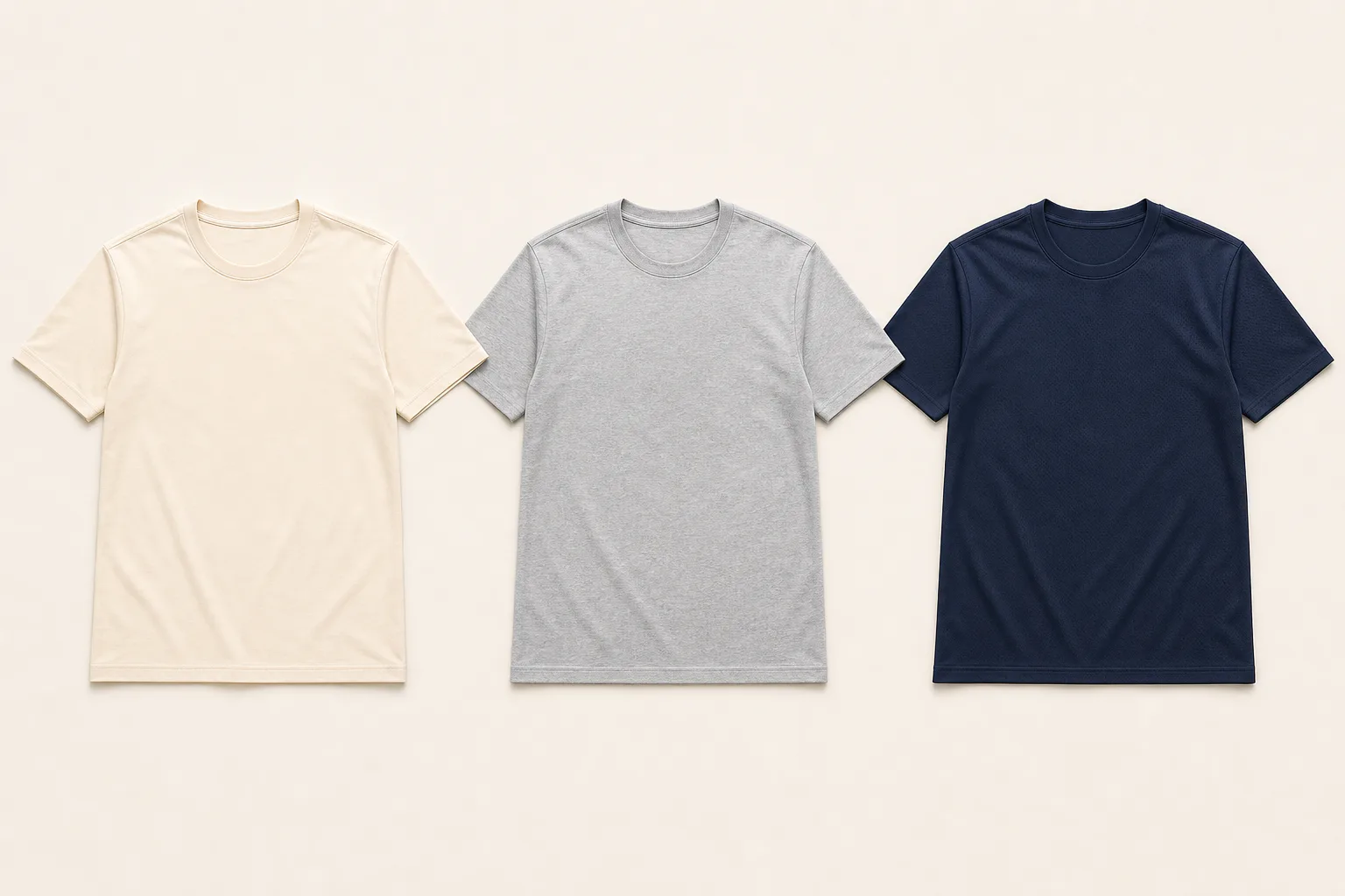 Three complete T-shirts in cream cotton, heather gray cotton-poly blend, and navy performance polyester with every collar, sleeve, side seam, body, and hem fully visible