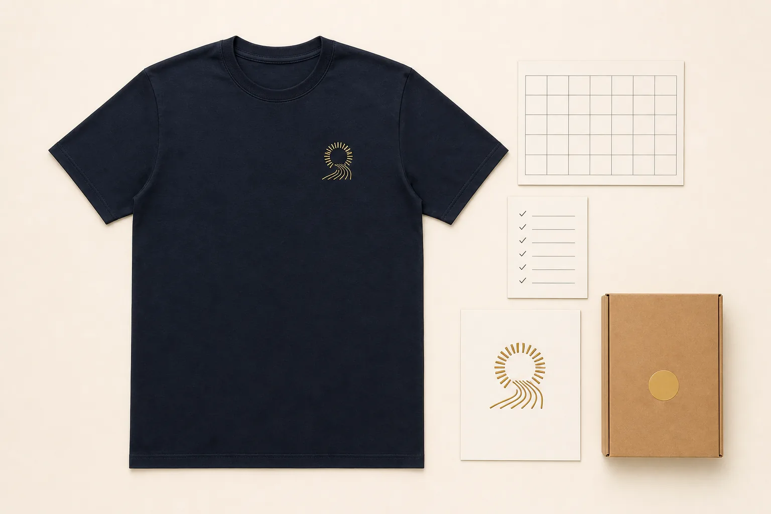One complete navy short-sleeve T-shirt beside a blank calendar, size checklist, artwork approval card, and sealed delivery box, with the full collar, both sleeves, side seams, body, and bottom hem visible