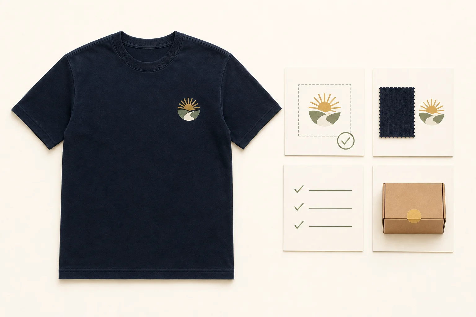 One complete navy T-shirt beside approved artwork, a fabric and decoration check, a finished-order checklist, and one sealed shipment box