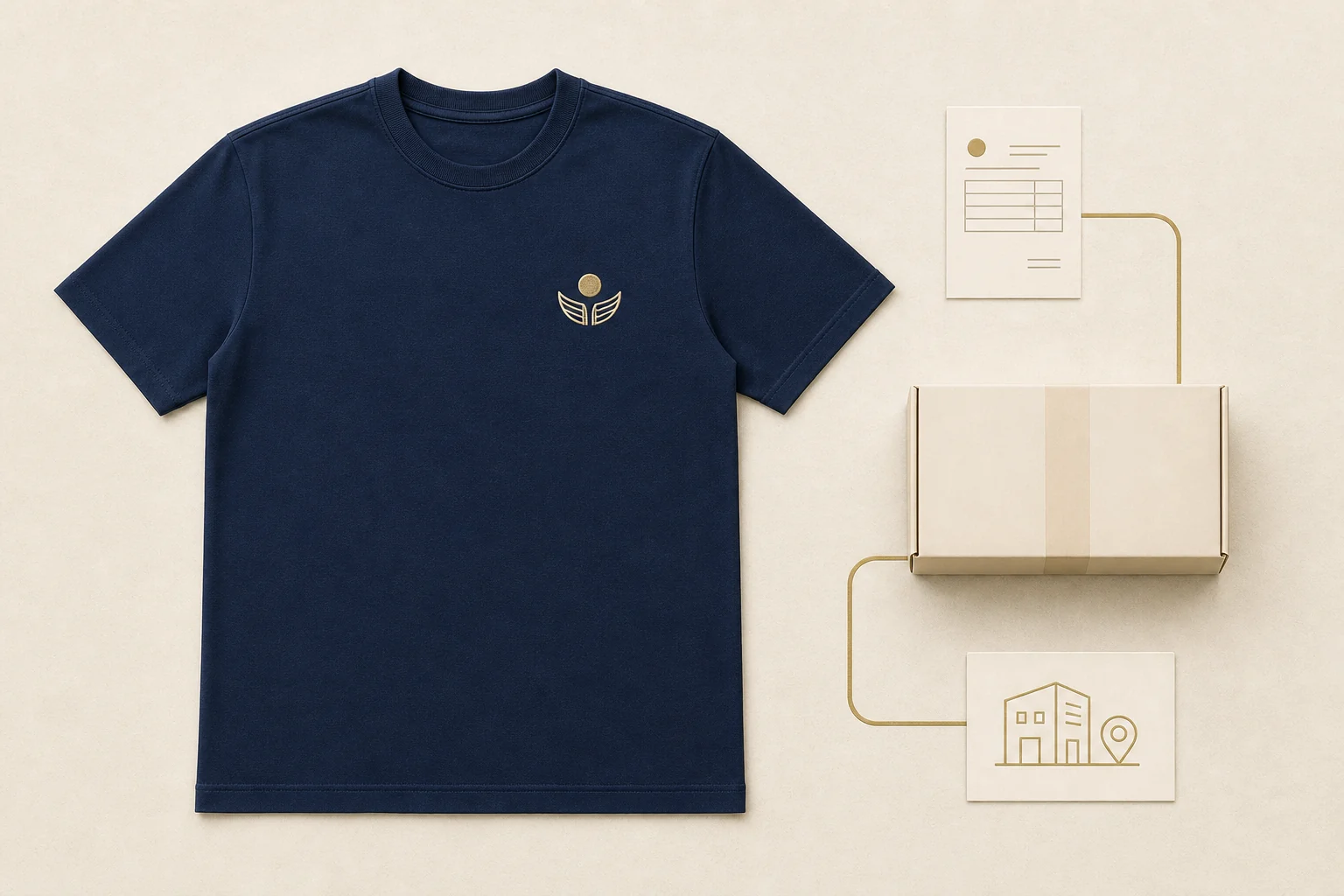 One complete navy T-shirt beside an unlabelled commercial invoice, one sealed delivery carton, and one named-destination card