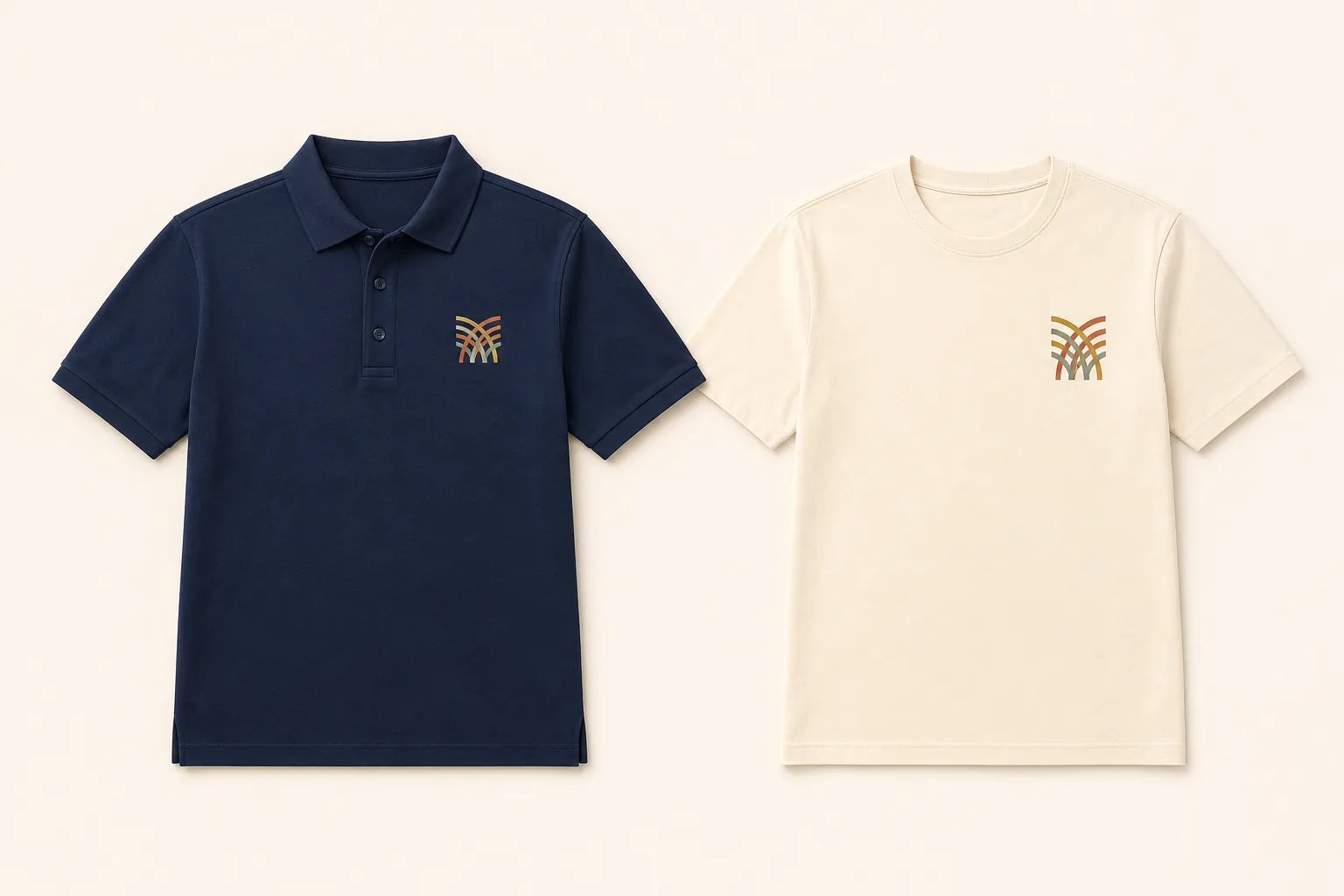 Complete navy short-sleeve polo with a compact embroidered chest emblem beside a complete cream short-sleeve T-shirt with the same flat printed emblem, with both collars, sleeves, bodies, side seams, and bottom hems visible