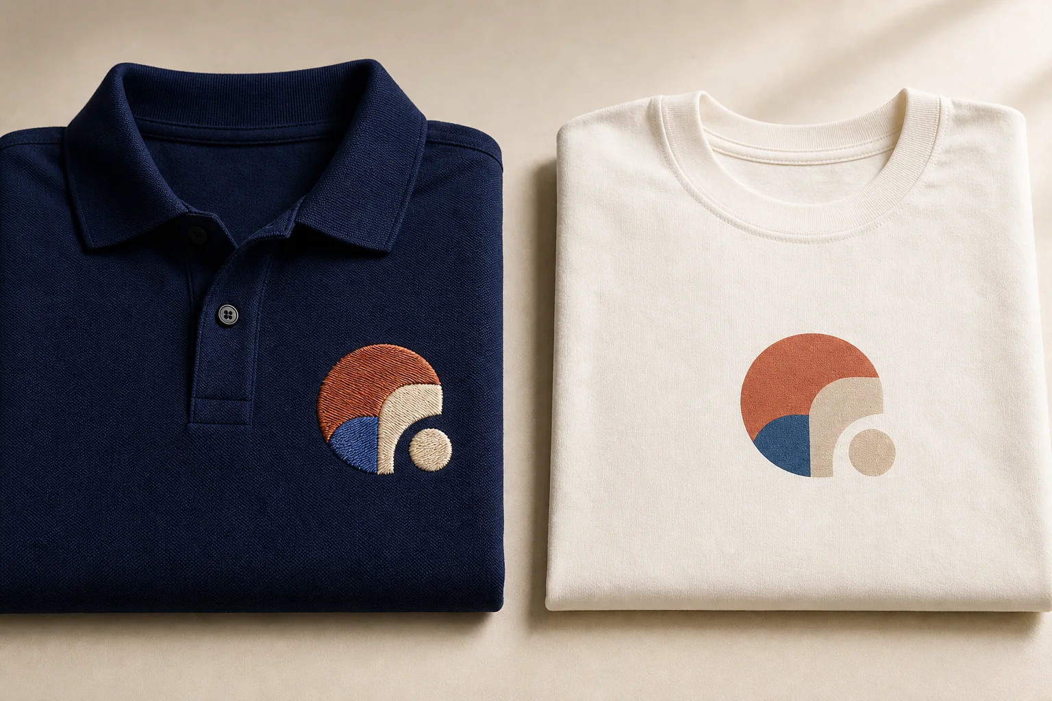 Navy polo with raised embroidery beside a cream shirt with a flat printed version of the same abstract logo