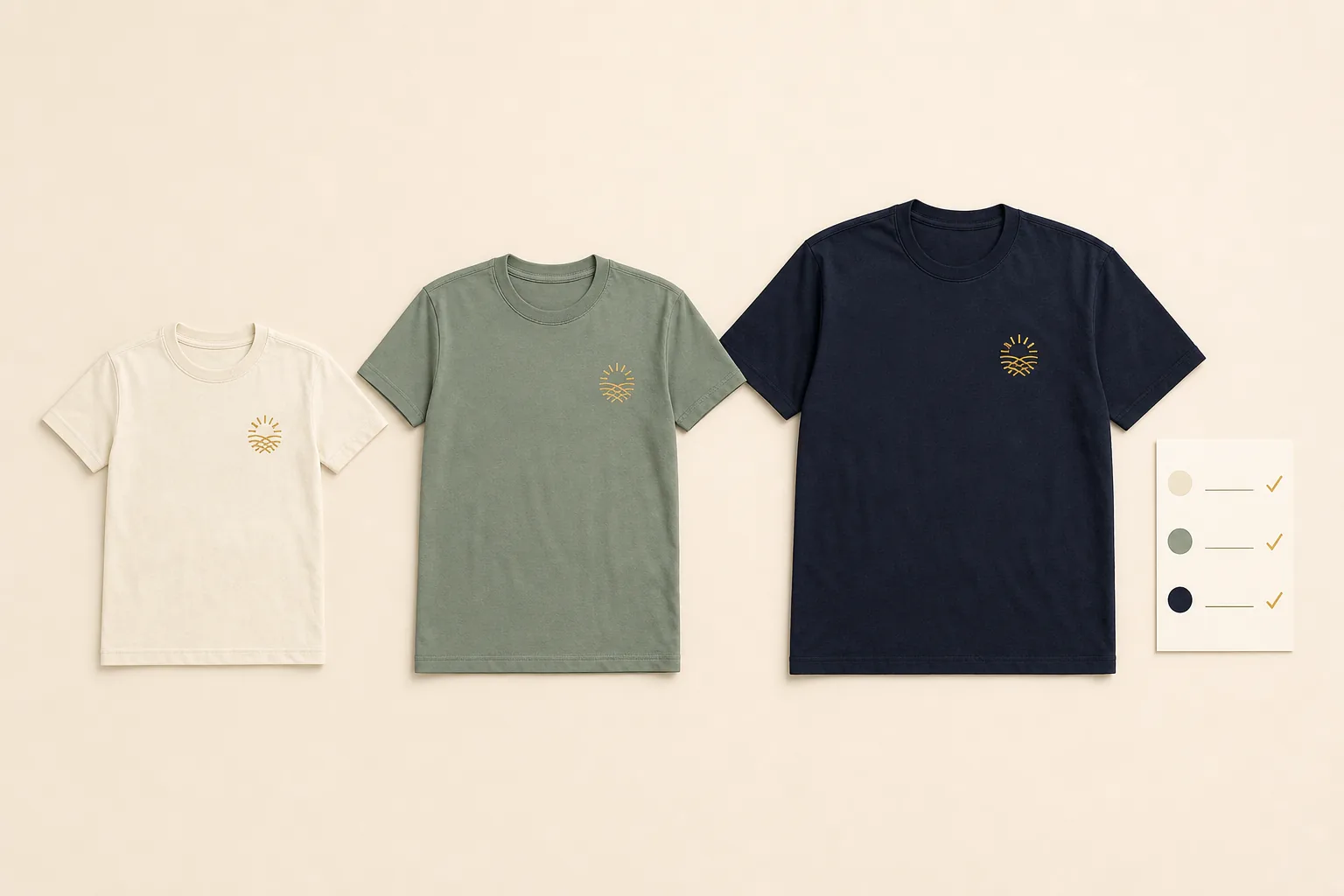 Three complete cream, sage, and navy T-shirts increasing from youth to adult scale beside one unlabelled three-row roster card