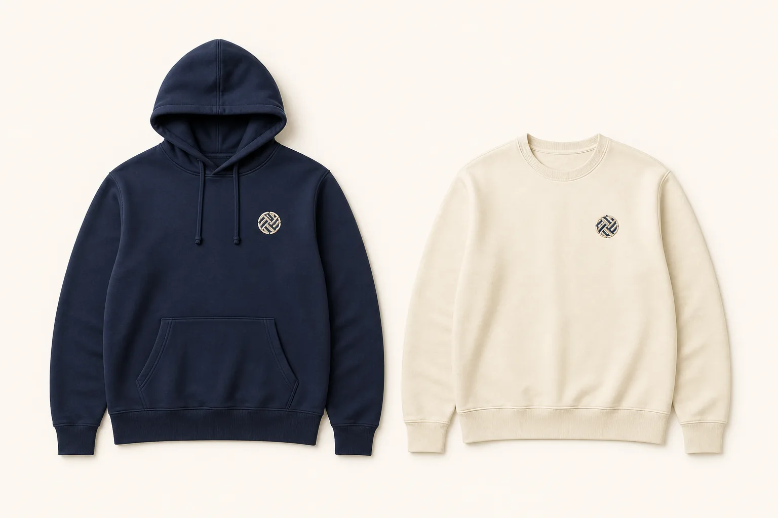 Complete navy pullover hoodie and complete cream crewneck sweatshirt shown side by side with hood, pocket, neck, sleeves, cuffs, side seams, and hems fully visible