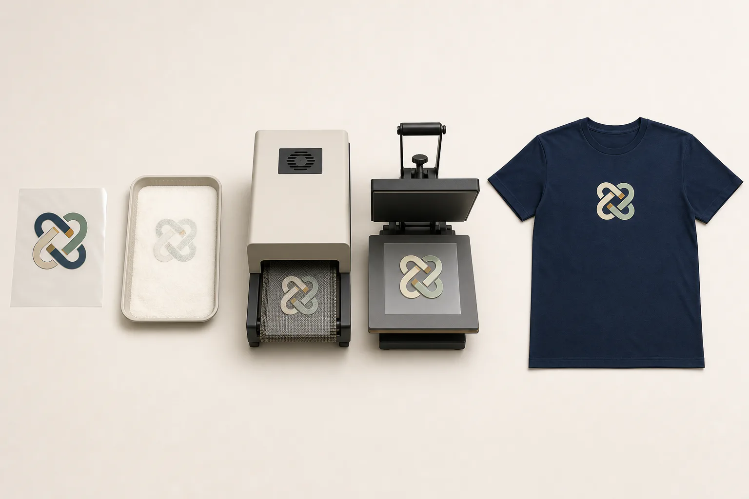 Five-stage DTF workflow showing printed film, adhesive powder tray, curing unit, open heat press, and one complete navy T-shirt with collar, both sleeves, side seams, full body, and bottom hem visible