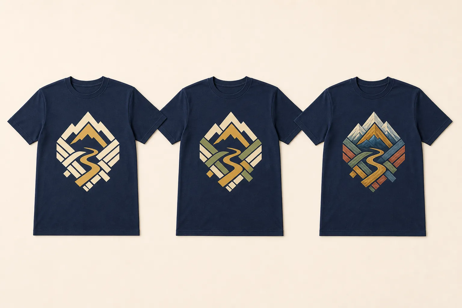 Three complete identical navy short-sleeve T-shirts showing the same abstract mountain-and-path emblem as simple two-layer HTV, three separated spot colors, and a detailed multicolor DTF-style print, with every collar, sleeve, side seam, body, and bottom hem visible