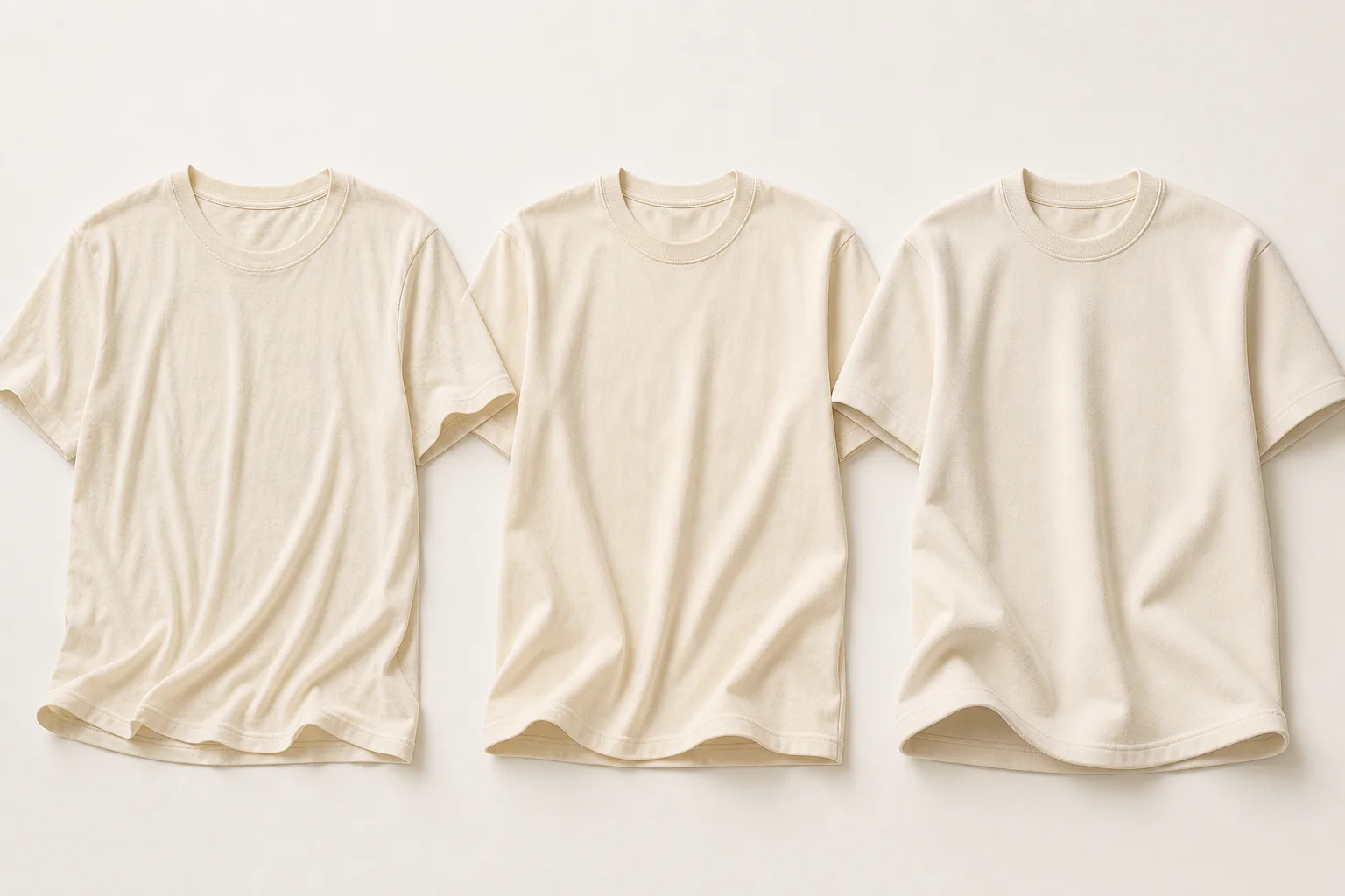 Three cream T-shirts showing lightweight, midweight, and heavyweight drape under matching studio conditions