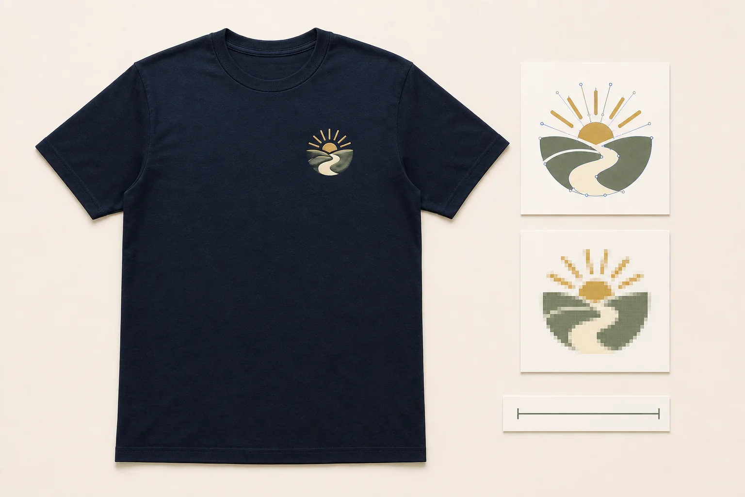 One complete navy T-shirt beside matching smooth vector and pixel-grid artwork direction cards