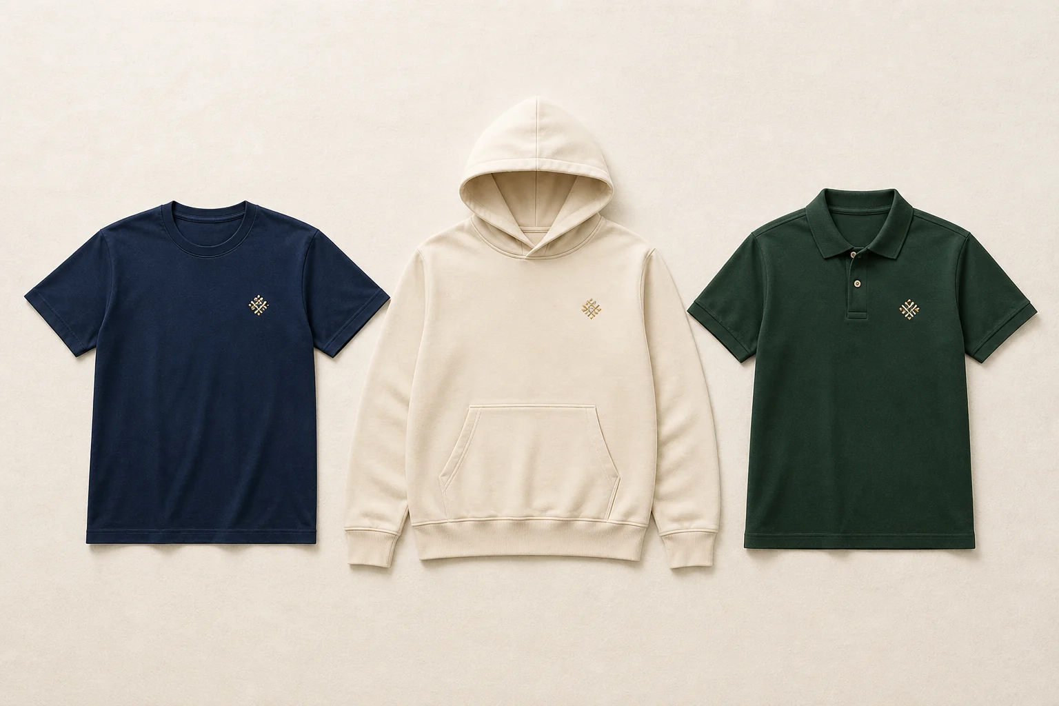 Complete navy T-shirt, warm-cream pullover hoodie, and forest-green polo in three coordinated sizes with collars, hood, sleeves, cuffs, pocket, side seams, bodies, and hems fully visible