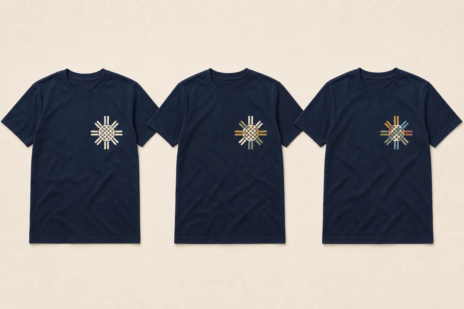 Three complete navy T-shirts showing the same woven emblem as one cream spot color, three separated spot colors, and a detailed full-color version with every collar, sleeve, side seam, body, and hem fully visible