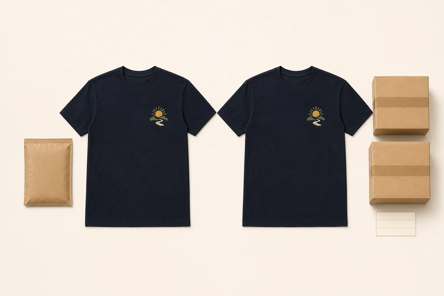 Two complete identical navy T-shirts with collars, both sleeves, side seams, full bodies, and bottom hems visible beside one individual mailer on the left and two bulk cartons with a three-row roster card on the right