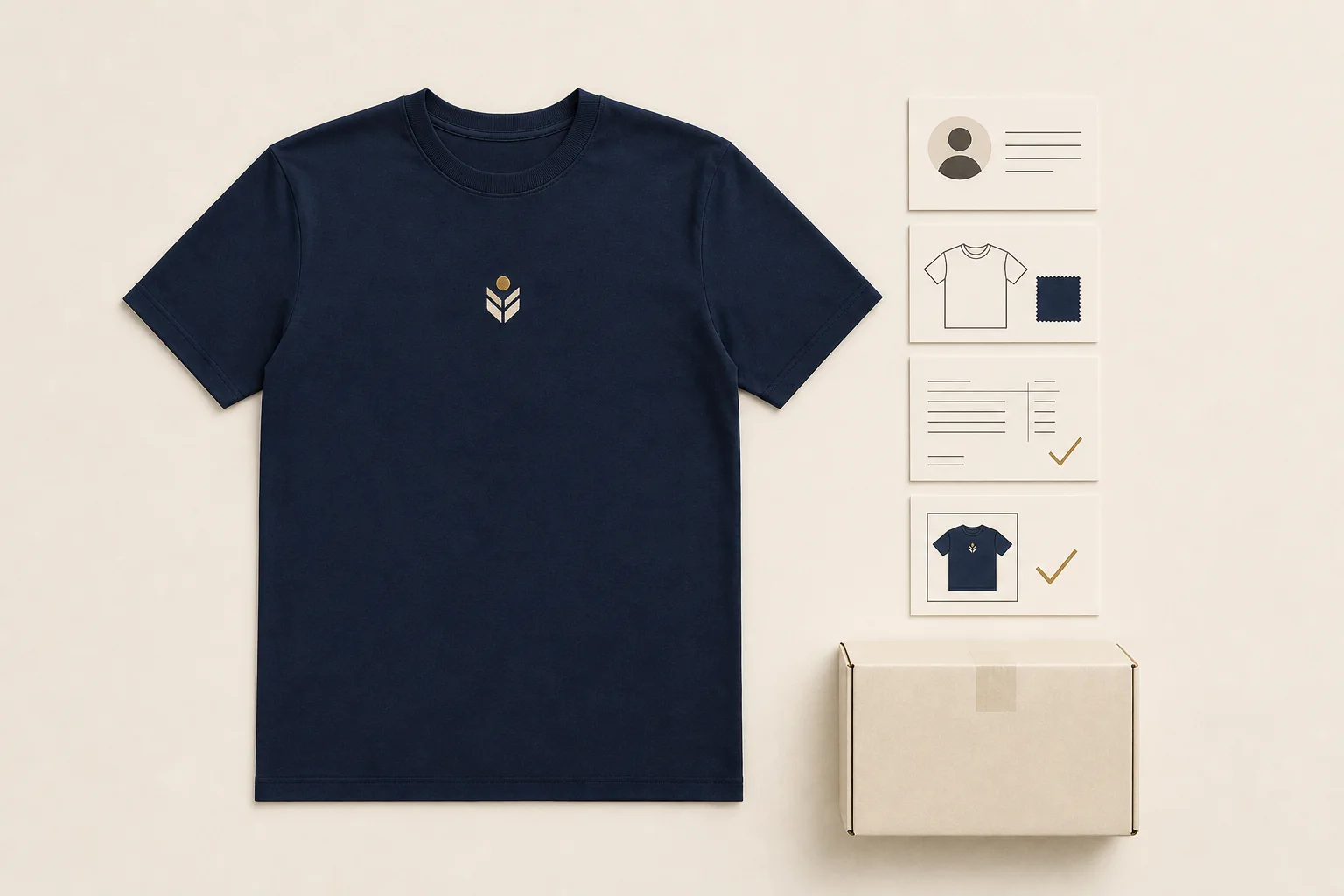One complete navy T-shirt beside four unlabelled supplier, garment, invoice, and finished-goods verification cards plus one sealed delivery carton