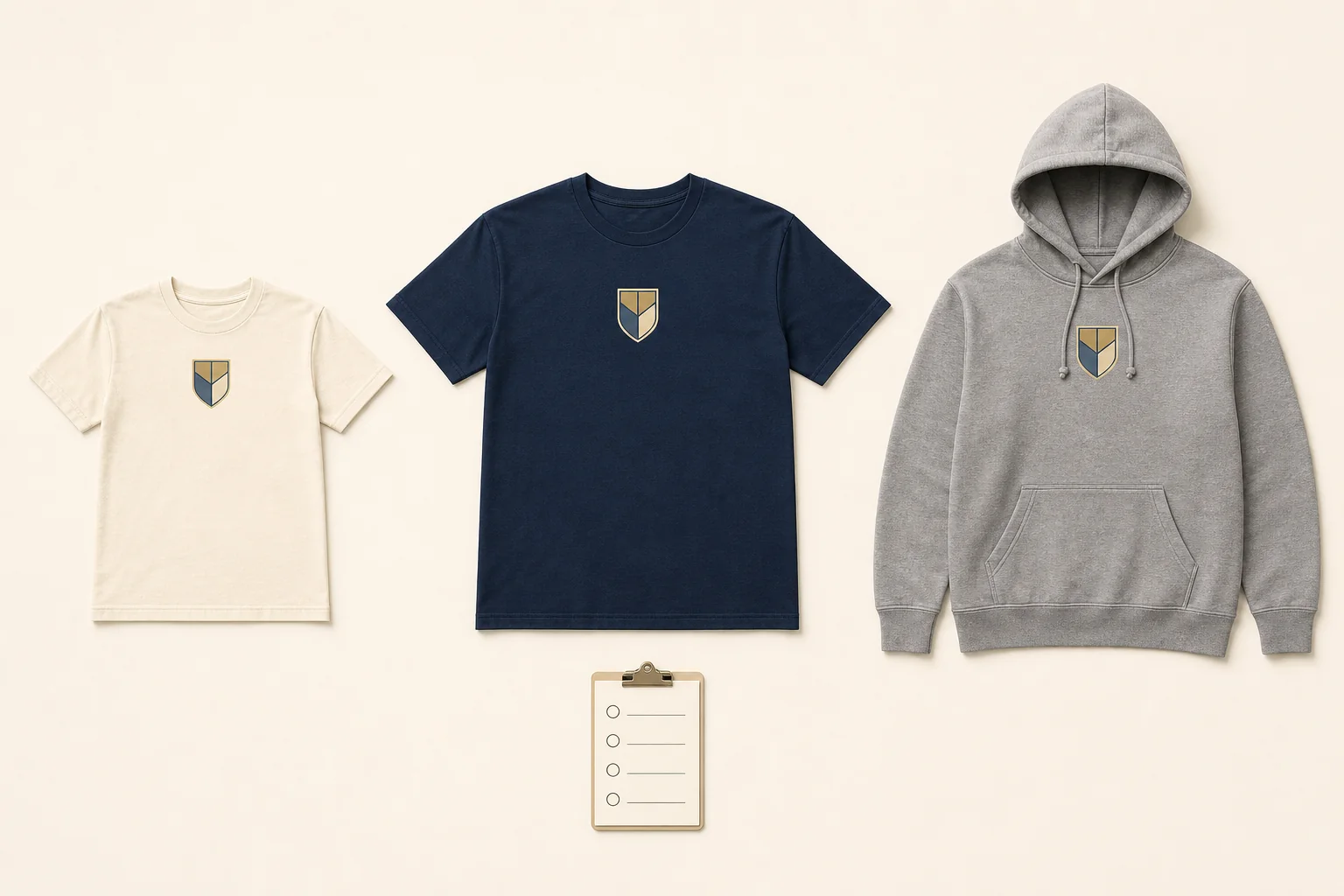 Complete cream youth short-sleeve T-shirt, navy adult short-sleeve T-shirt, and gray pullover hoodie with the same small geometric crest beside a four-row order clipboard, with every collar, sleeve, cuff, pocket, side seam, body, and bottom hem visible