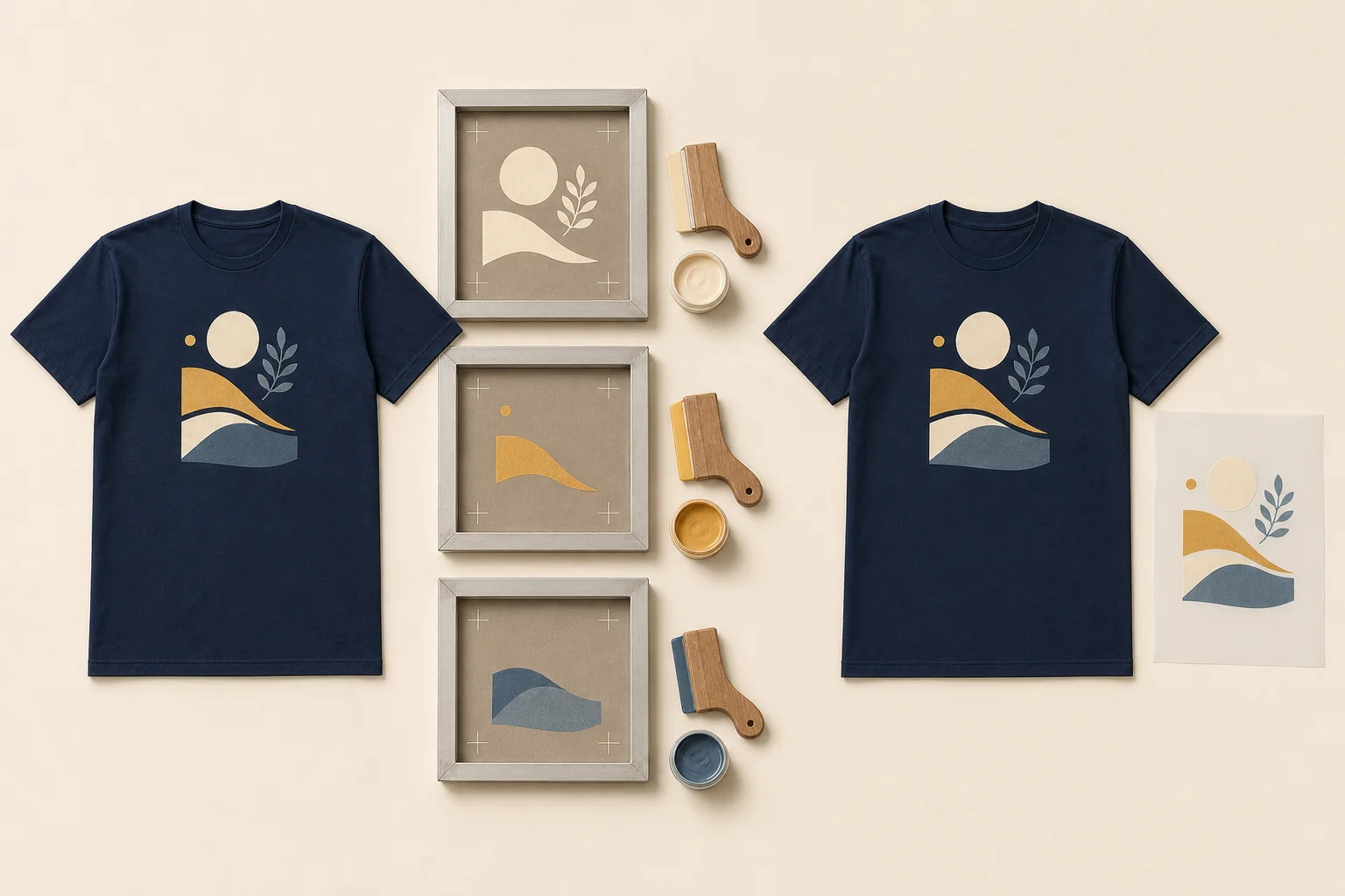 Two identical complete navy T-shirts beside three complete separated screen-print frames and one complete combined DTF transfer sheet, with every collar, sleeve, side seam, body, and bottom hem visible