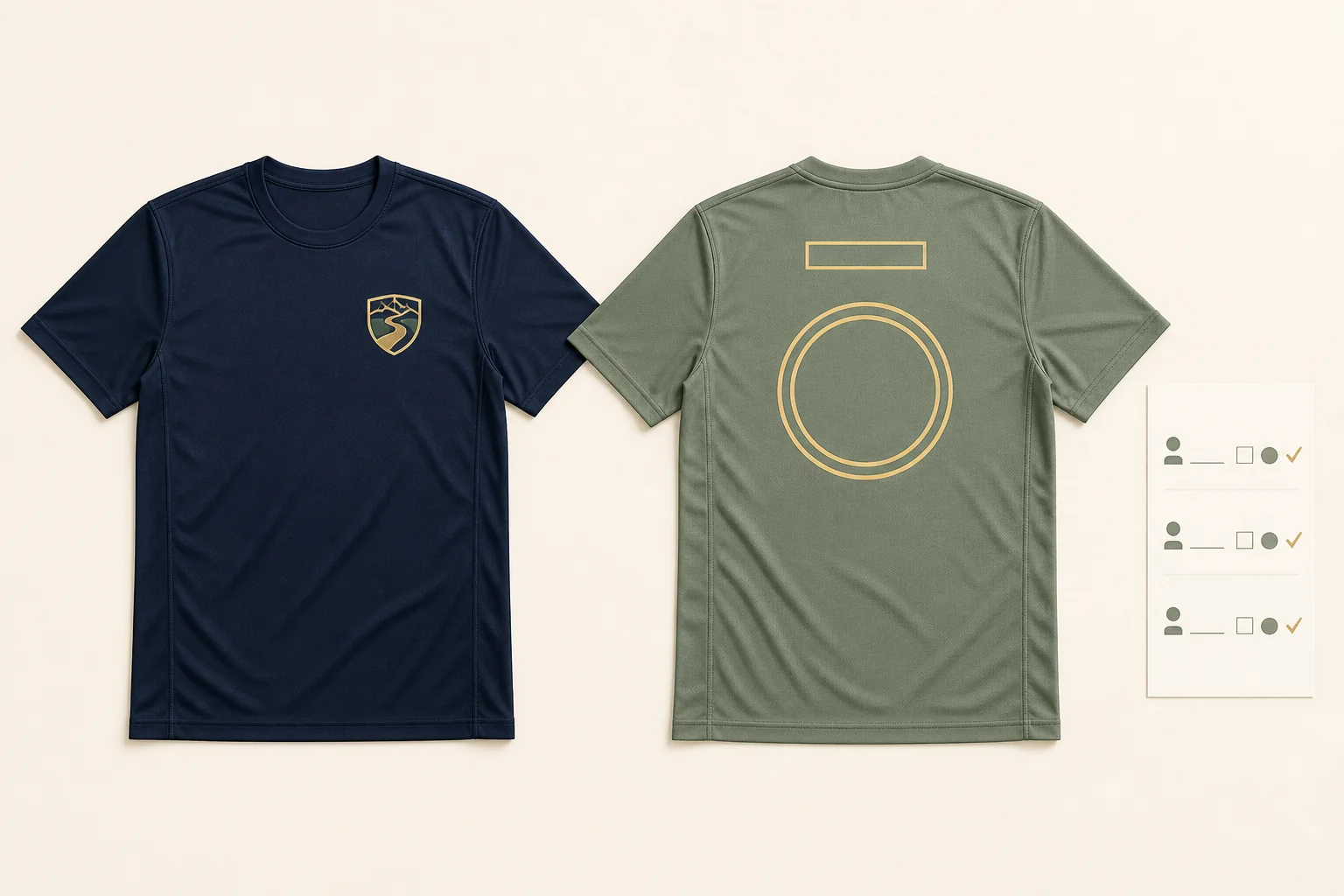 Complete navy front and sage back performance shirts beside a concise three-row player roster card
